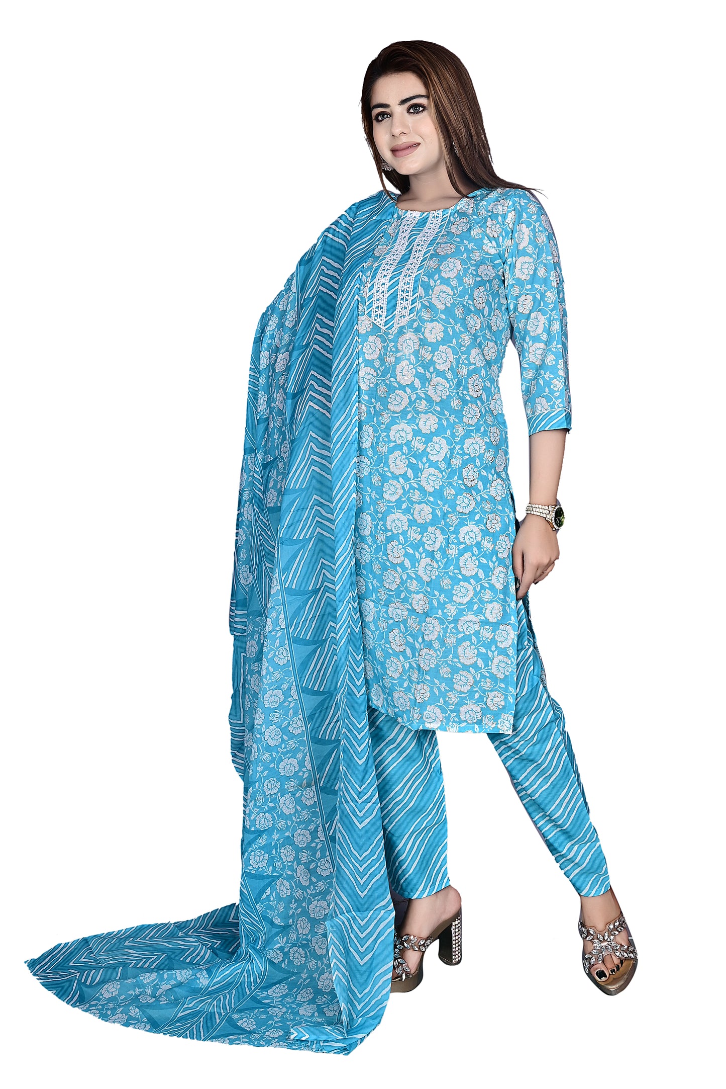 Turquoise Blue Layline Cotton Foil print 3Pc Kurta Pant suit with Dupatta