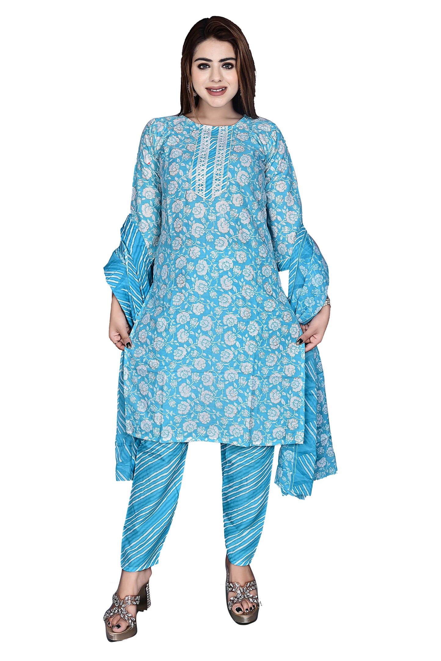 Turquoise Blue Layline Cotton Foil print 3Pc Kurta Pant suit with Dupatta