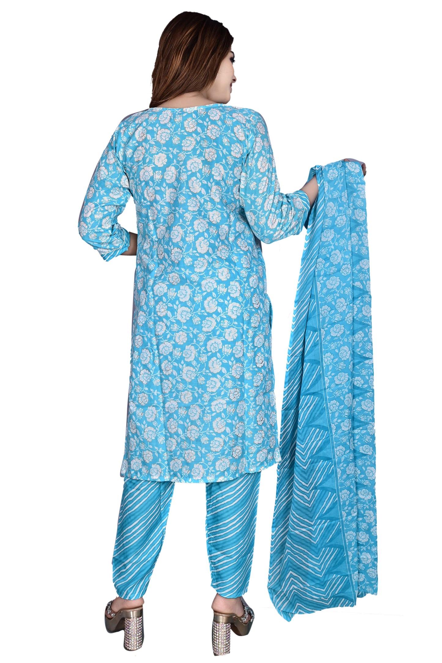 Turquoise Blue Layline Cotton Foil print 3Pc Kurta Pant suit with Dupatta
