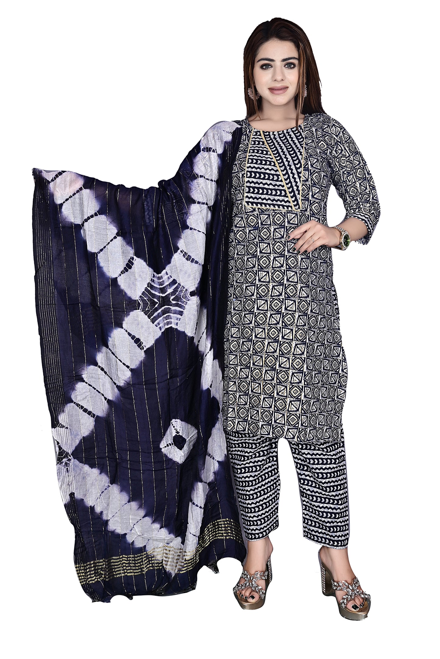 Blue Layline Cotton Foil print 3Pc Kurta Pant suit with Dupatta