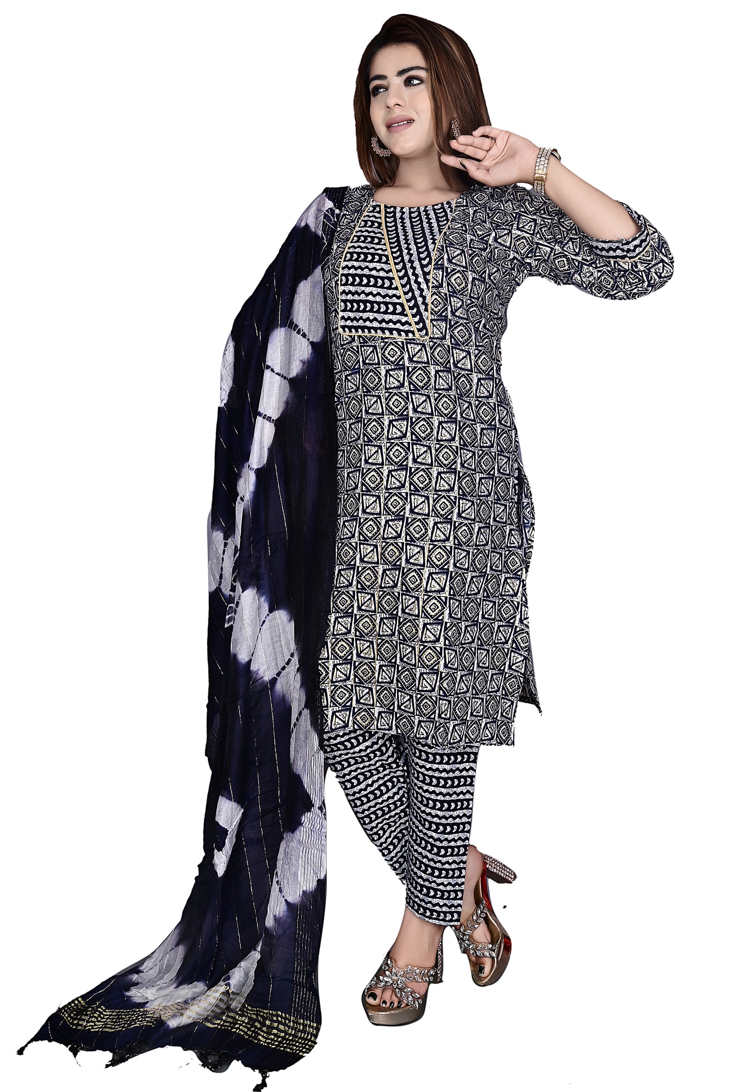 Blue Layline Cotton Foil print 3Pc Kurta Pant suit with Dupatta