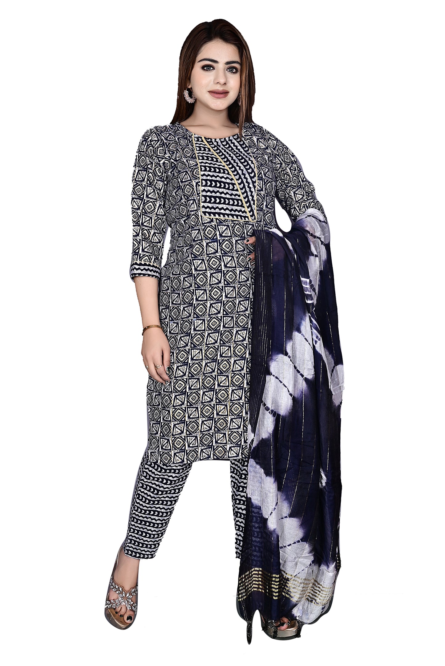 Blue Layline Cotton Foil print 3Pc Kurta Pant suit with Dupatta