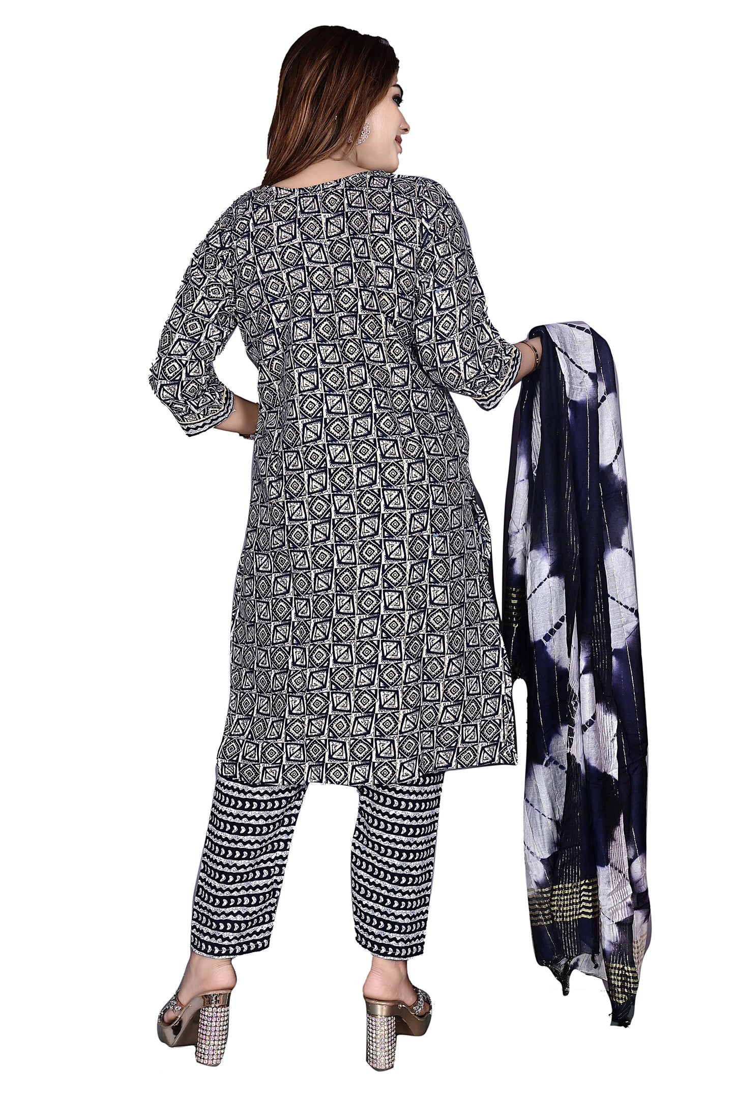 Blue Layline Cotton Foil print 3Pc Kurta Pant suit with Dupatta