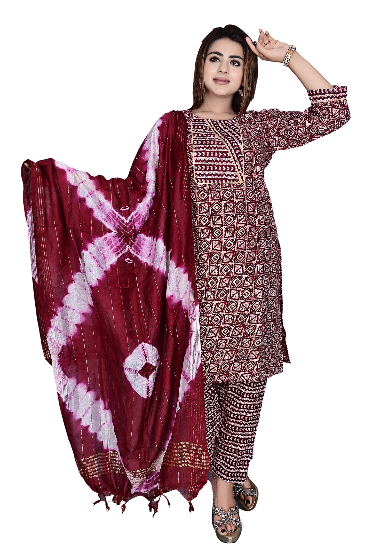 Maroon Layline Cotton Foil print 3Pc Kurta Pant suit with Dupatta