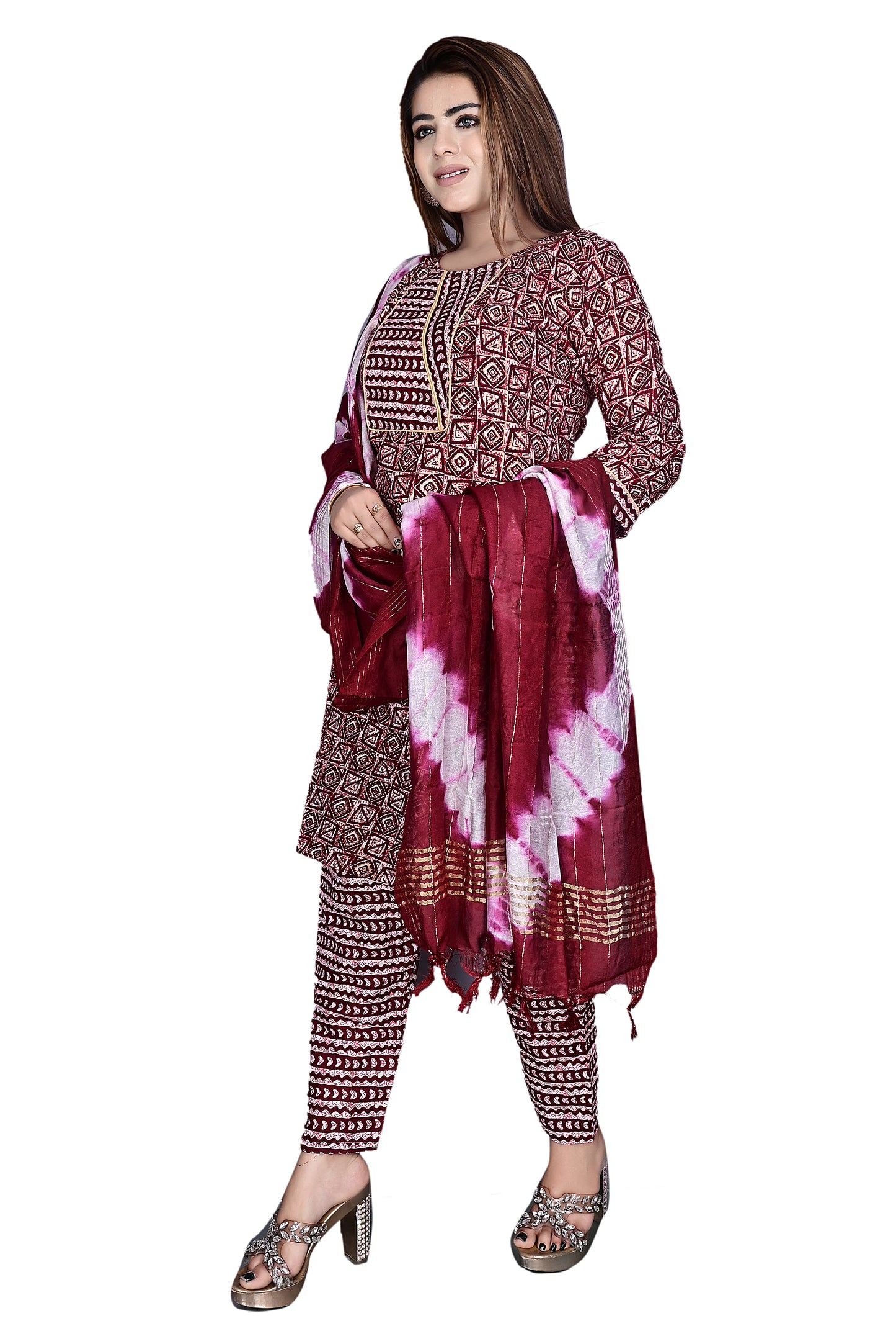 Maroon Layline Cotton Foil print 3Pc Kurta Pant suit with Dupatta