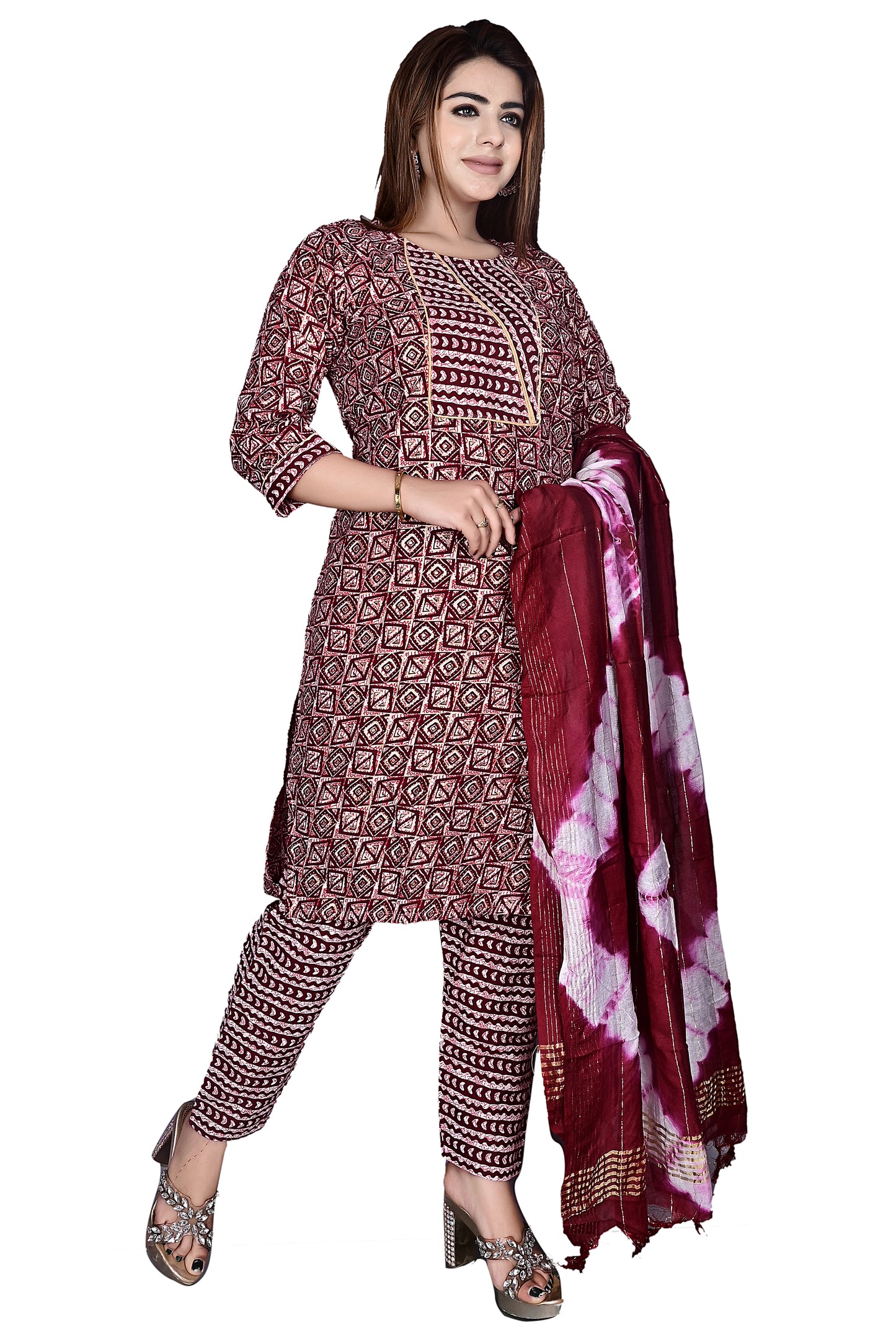 Maroon Layline Cotton Foil print 3Pc Kurta Pant suit with Dupatta