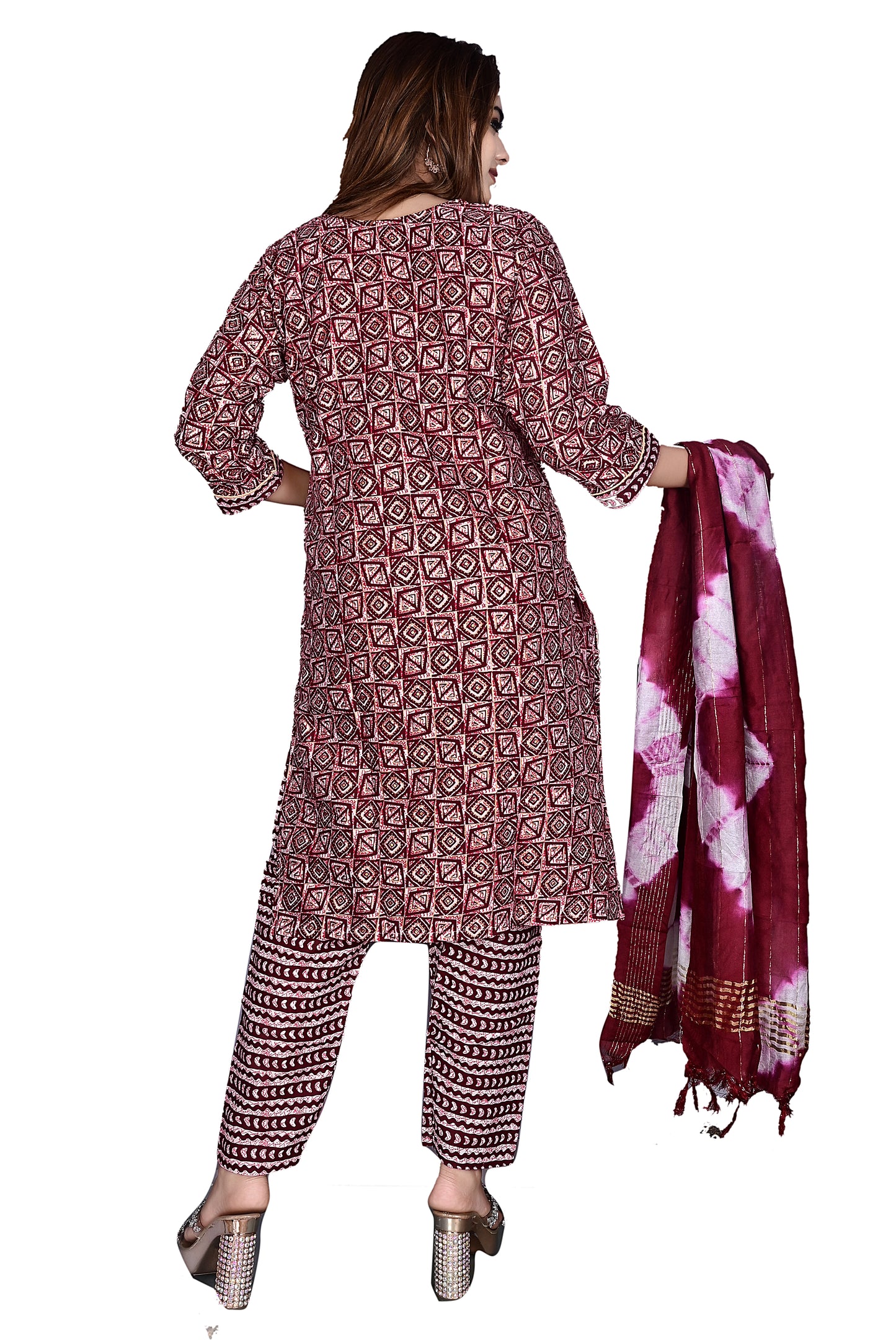 Maroon Layline Cotton Foil print 3Pc Kurta Pant suit with Dupatta