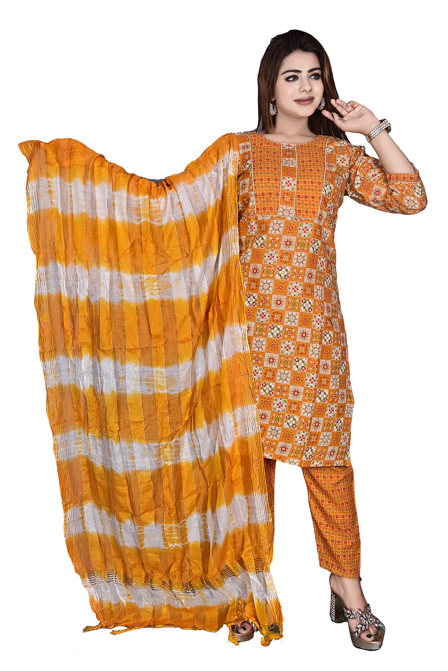 Yellow Layline Cotton Foil print 3Pc Kurta Pant suit with Dupatta