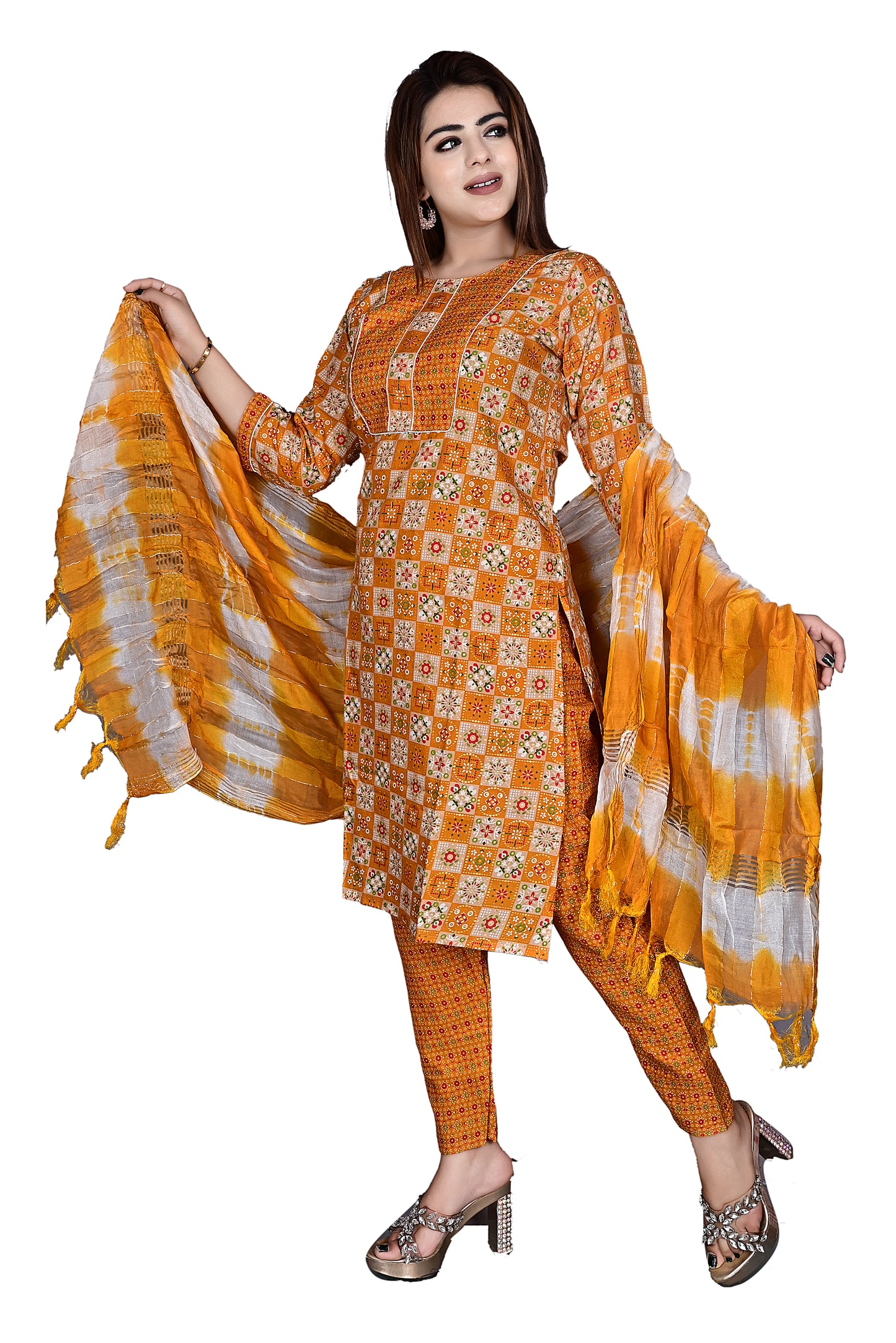 Yellow Layline Cotton Foil print 3Pc Kurta Pant suit with Dupatta