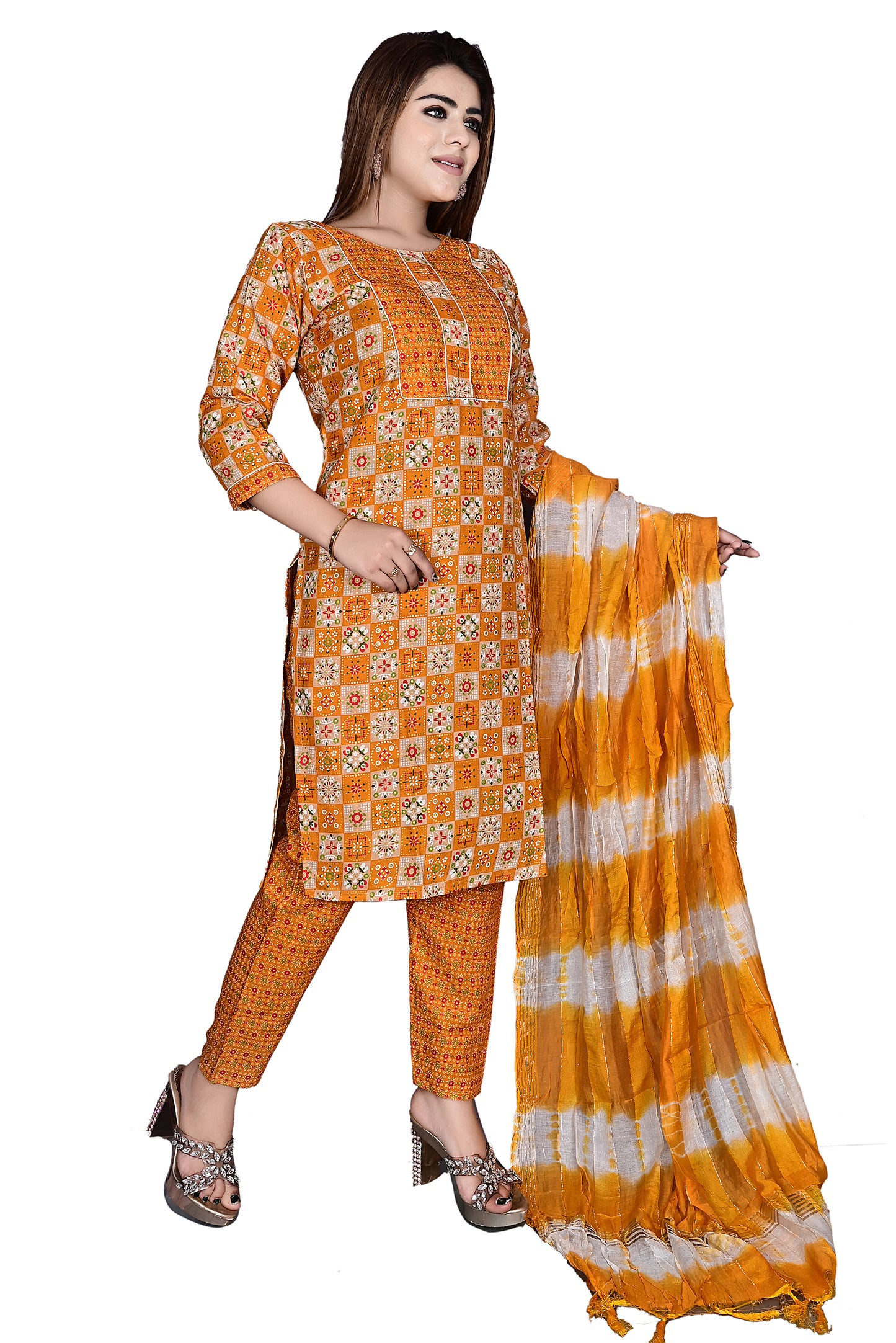 Yellow Layline Cotton Foil print 3Pc Kurta Pant suit with Dupatta
