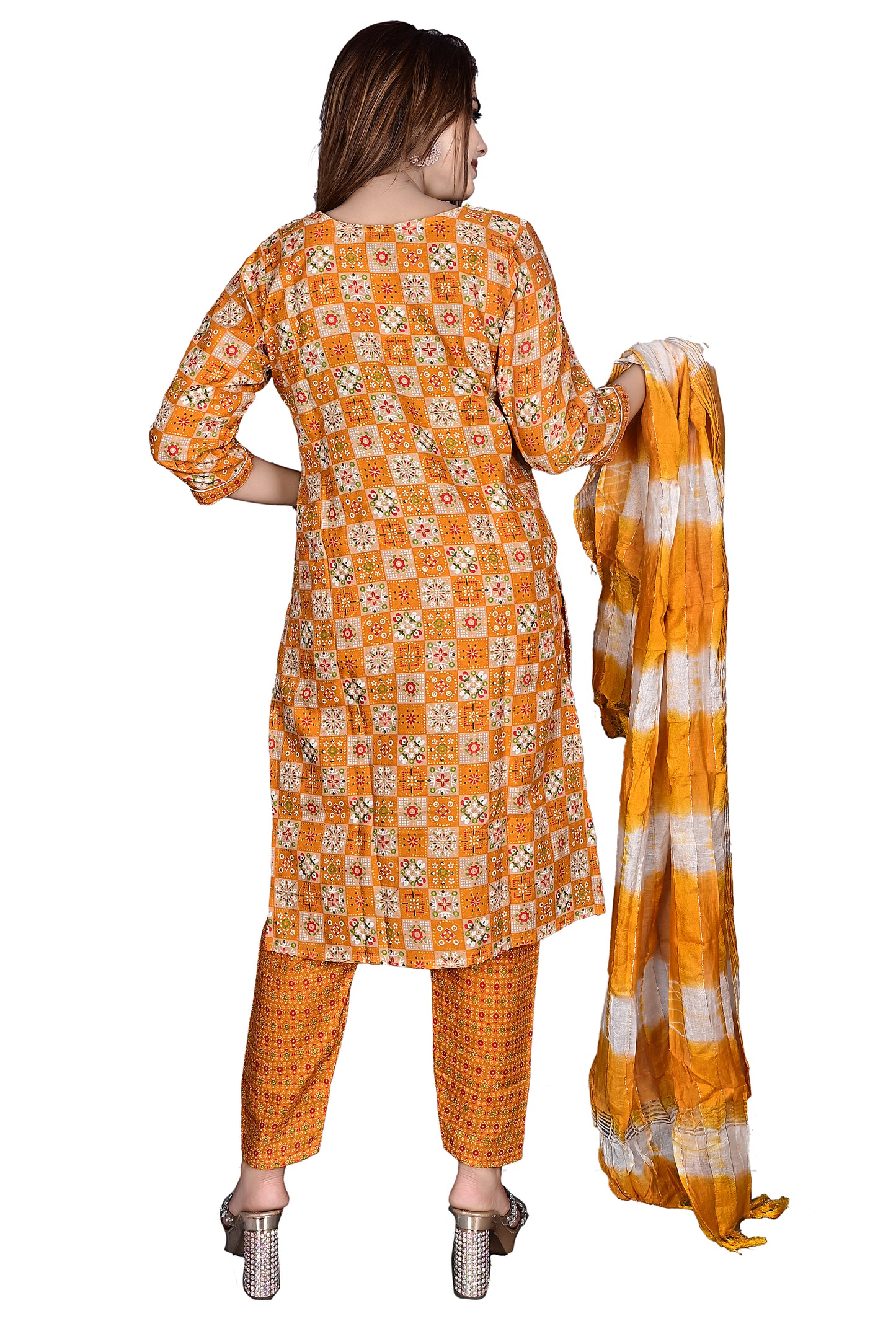 Yellow Layline Cotton Foil print 3Pc Kurta Pant suit with Dupatta