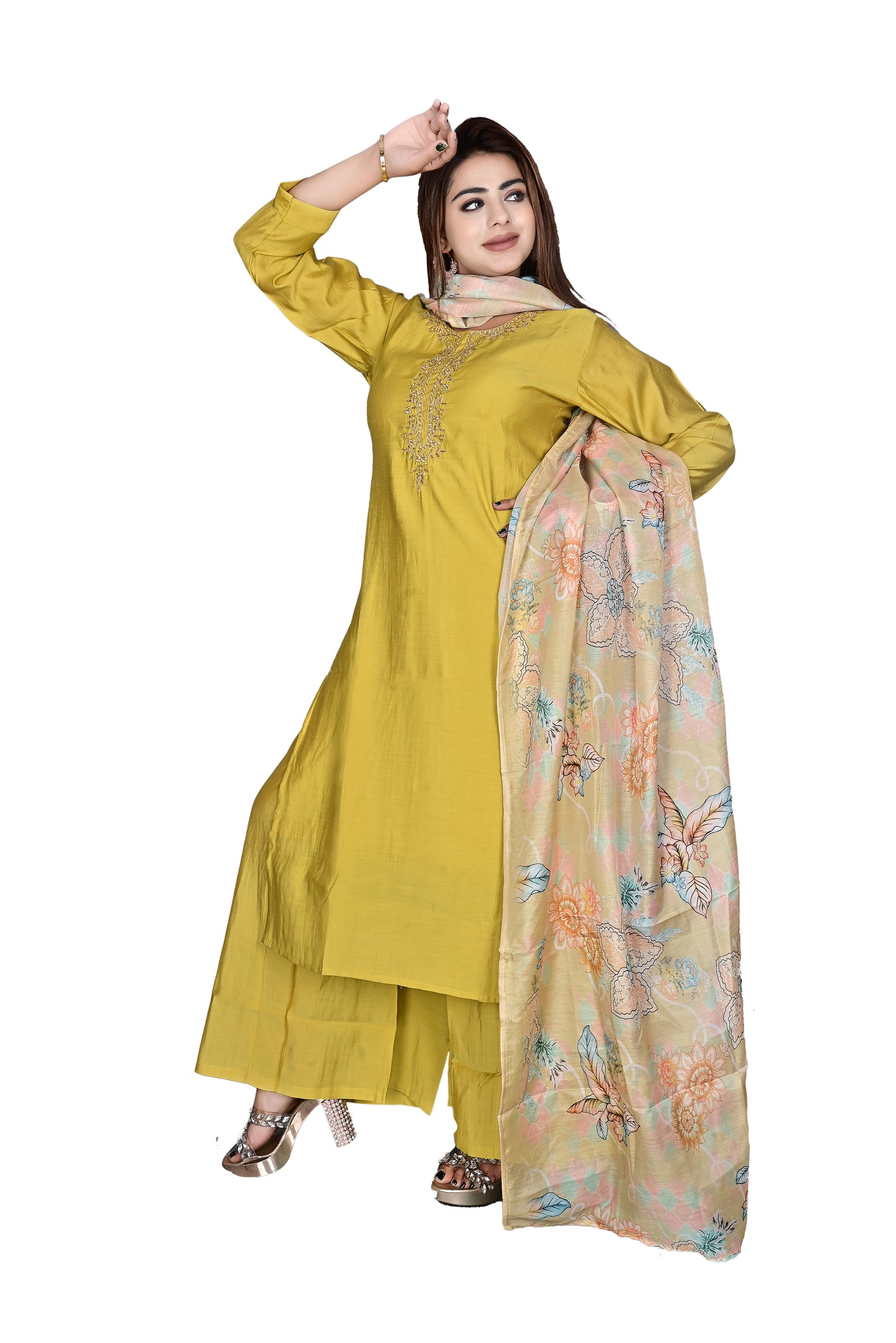 Yellow Silk 3Pc Kurta, Palazzo with Dupatta Set