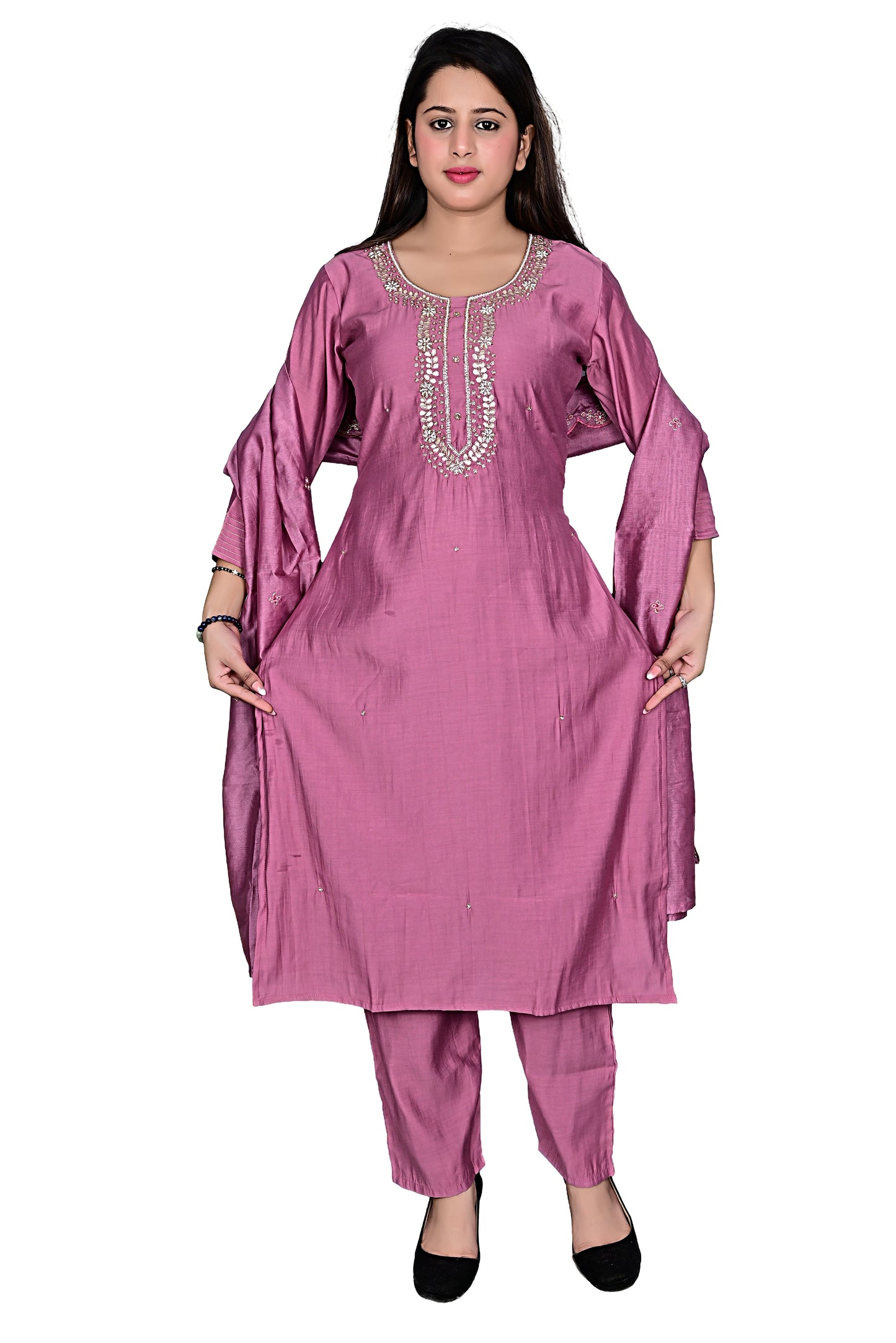 Pink Silk hand work Kurta Pant set with Dupatta
