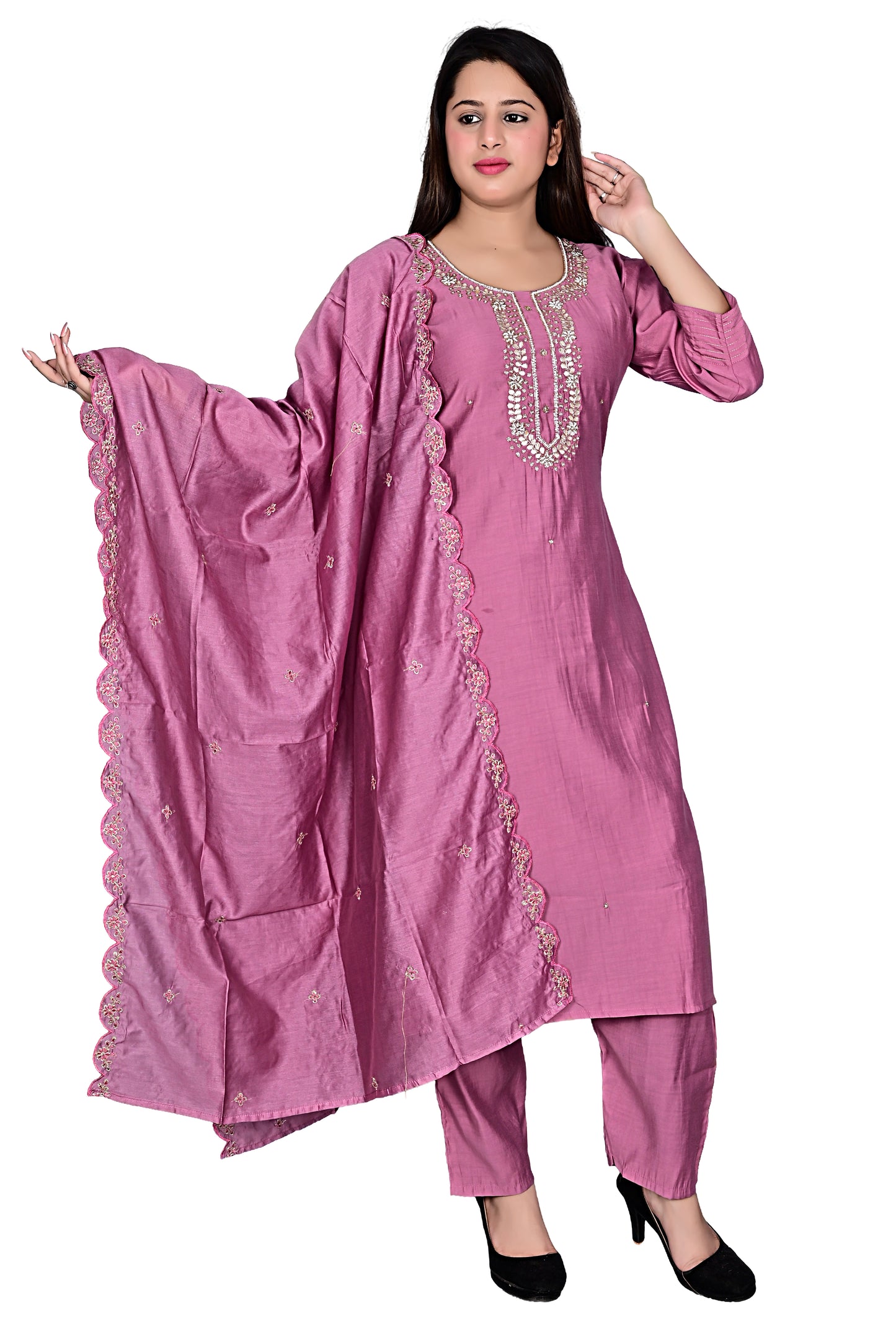 Pink Silk hand work Kurta Pant set with Dupatta