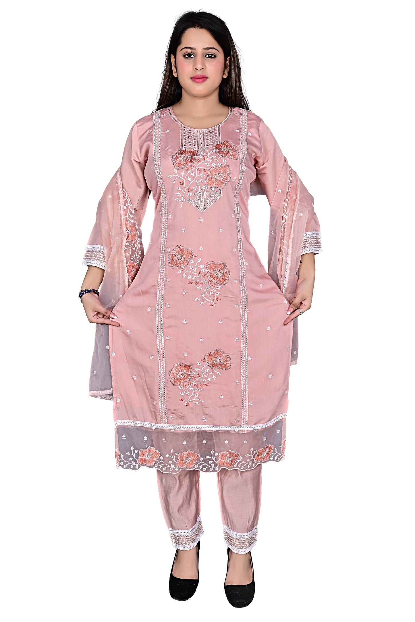 Peach Pink Silk Pakistani work Kurta Pant set with Dupatta