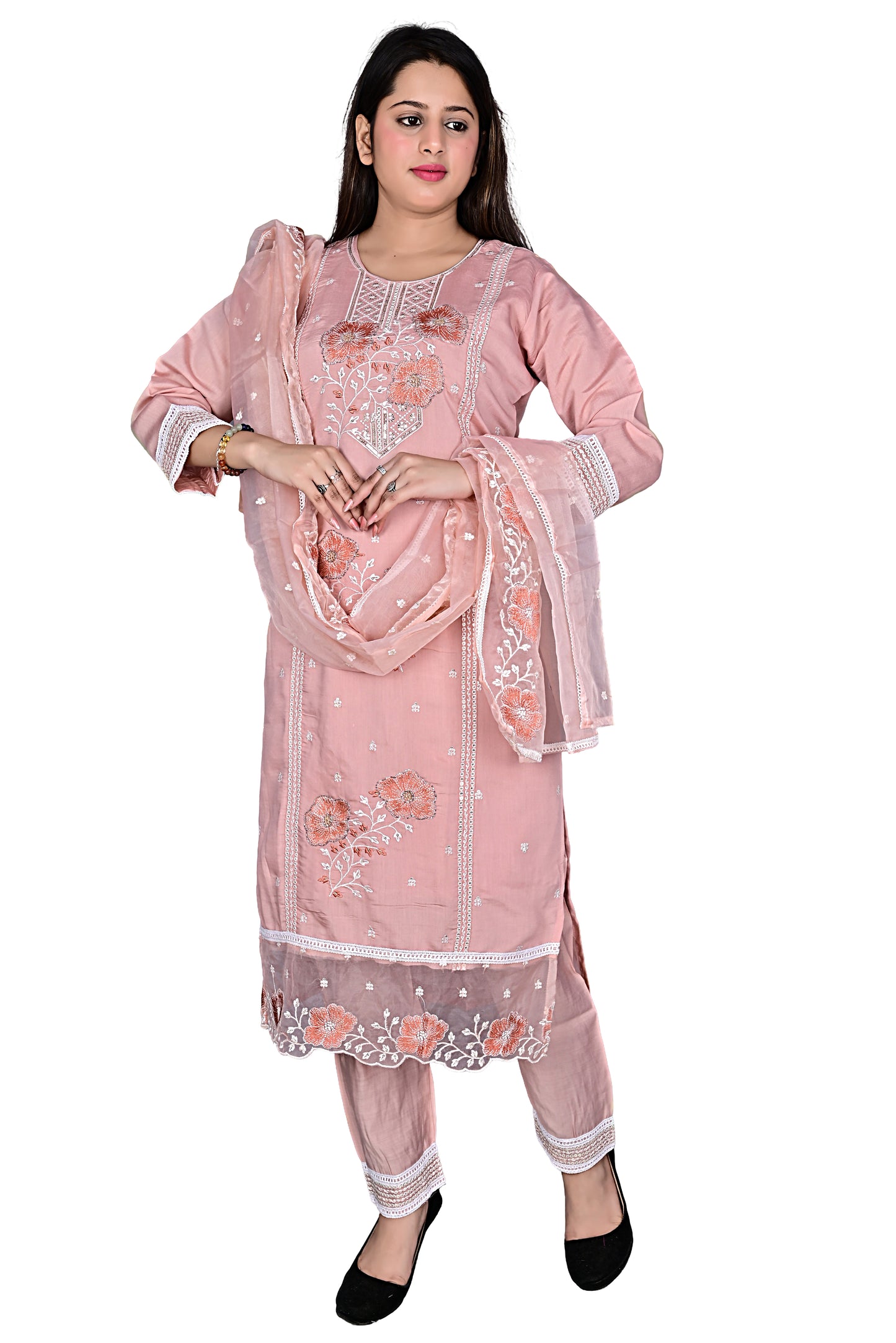 Peach Pink Silk Pakistani work Kurta Pant set with Dupatta