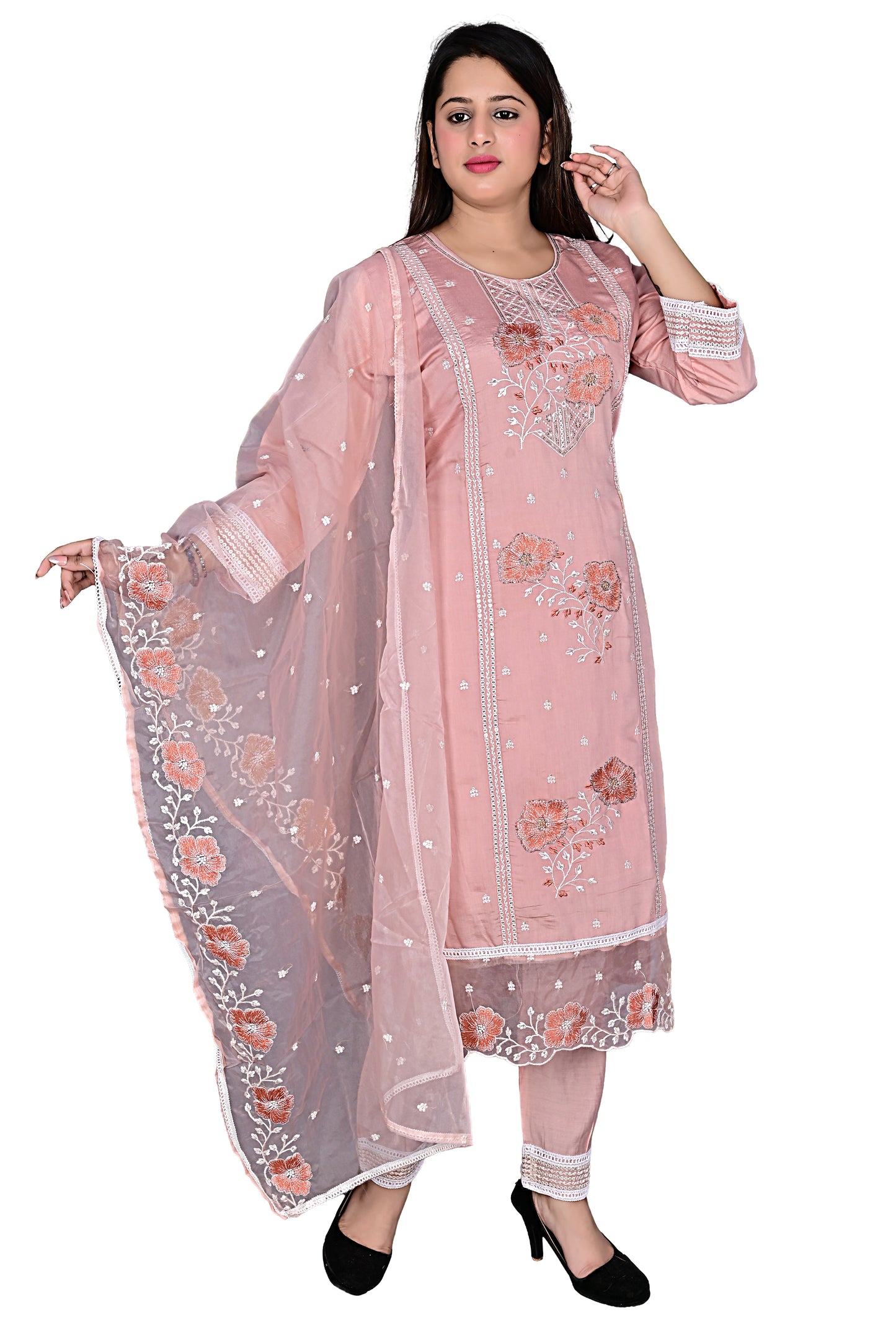 Peach Pink Silk Pakistani work Kurta Pant set with Dupatta