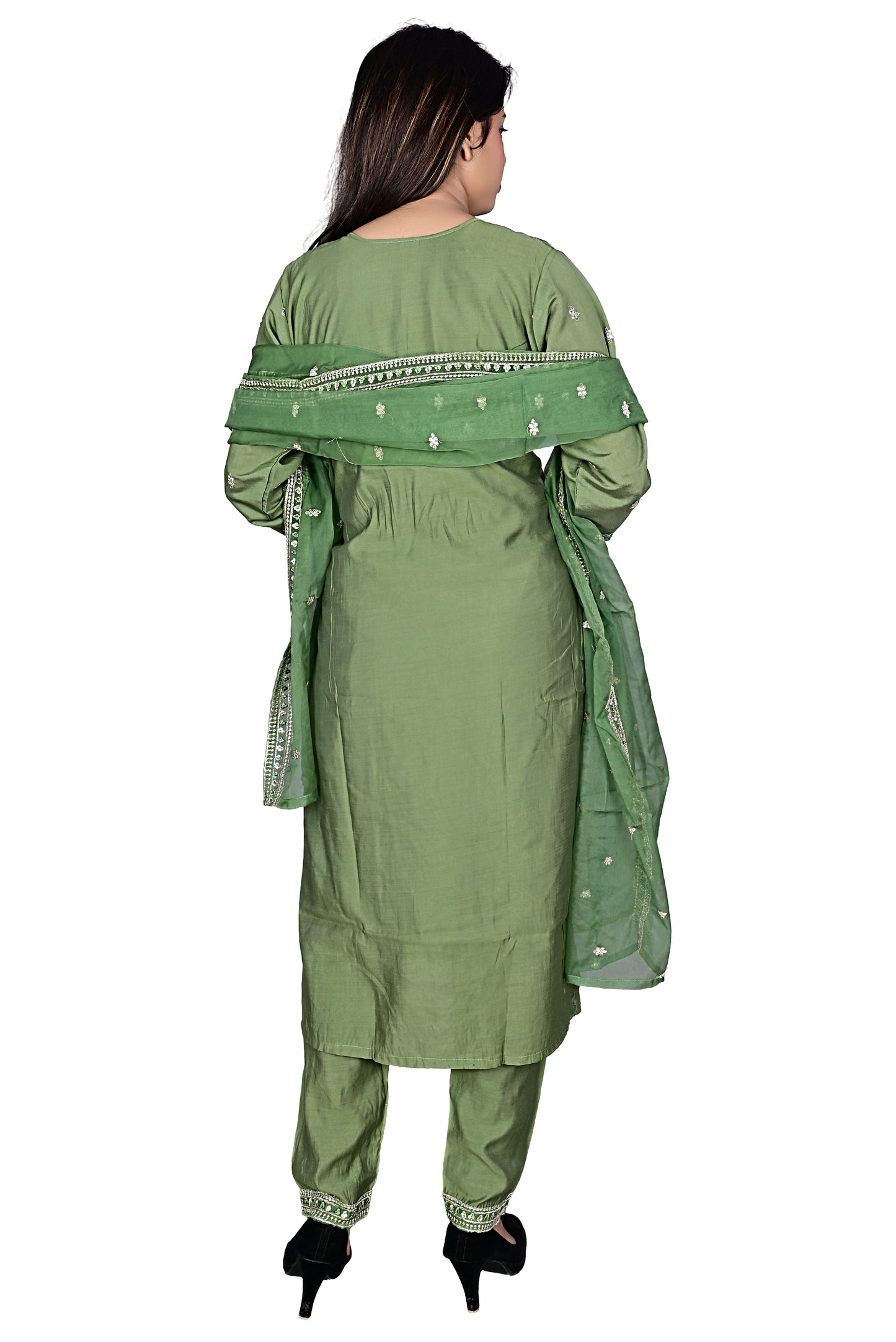 Olive Green Silk Kurta with Hem, Pant set with Dupatta