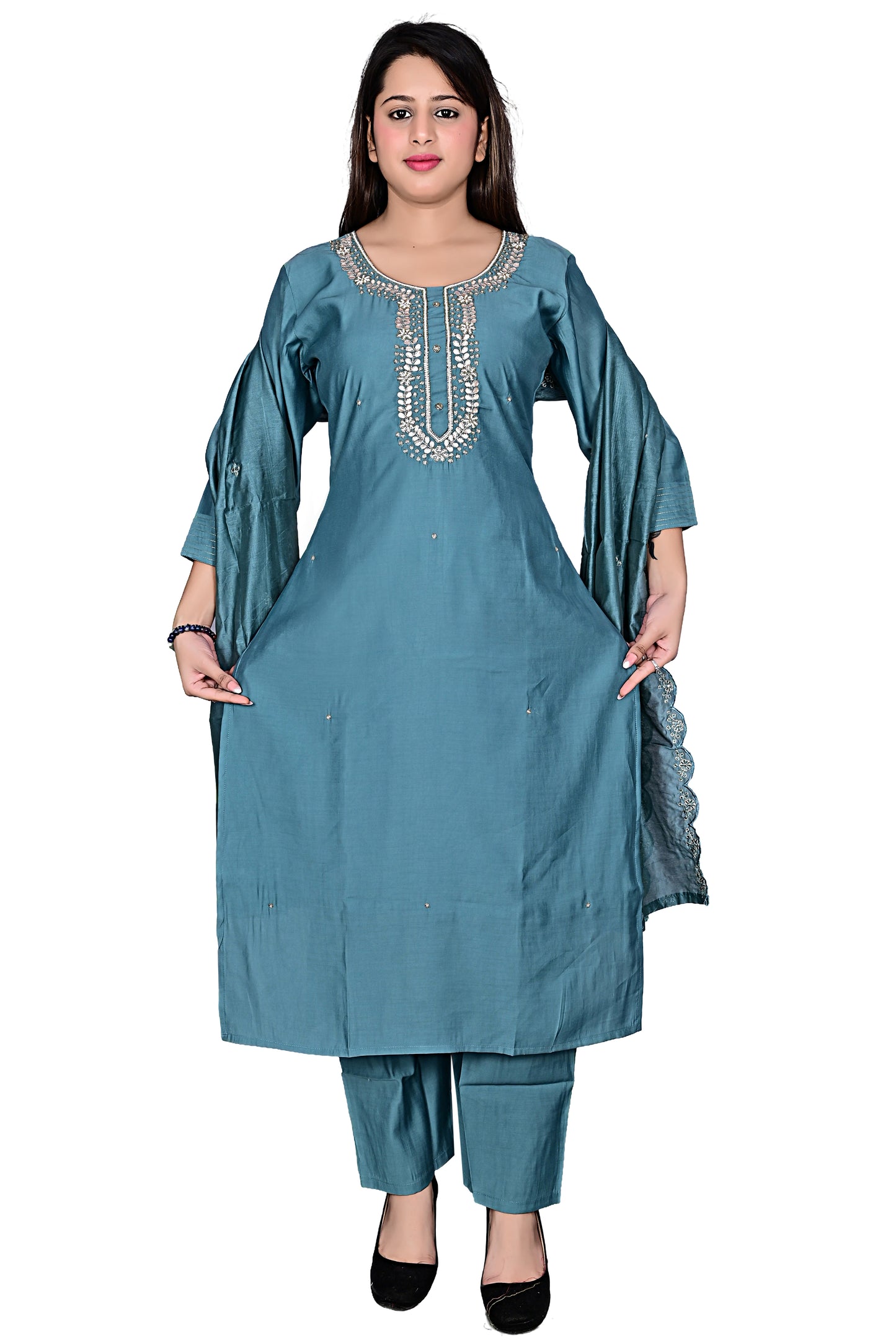 Mint Green Silk Hand work Kurta Pant set with Dupatta