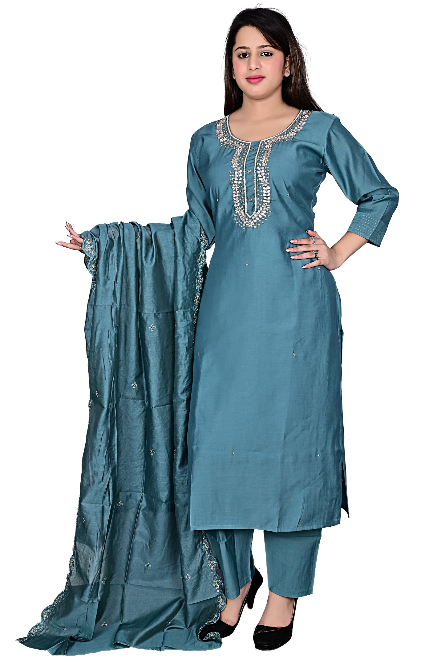Mint Green Silk Hand work Kurta Pant set with Dupatta
