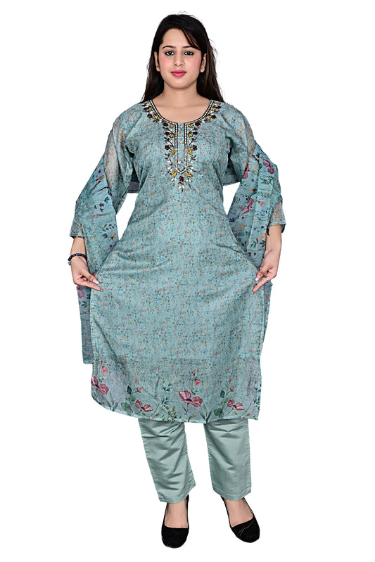Green Organza Silk Kurta Pant set with Dupatta