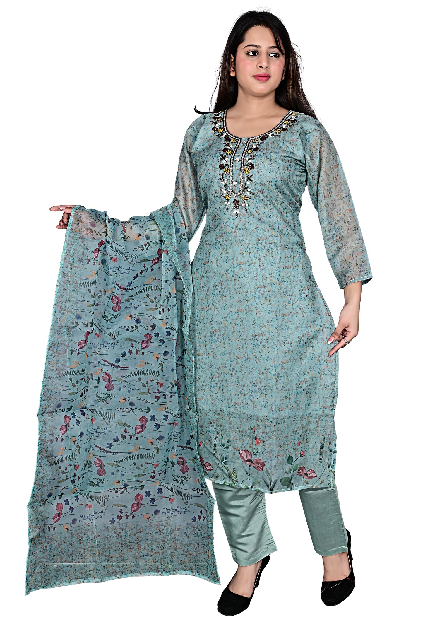 Green Organza Silk Kurta Pant set with Dupatta