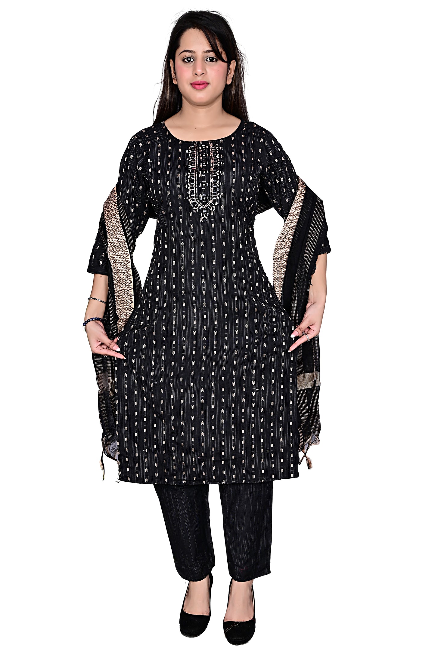 Cotton mirror work 3Pc Kurta Pant suit with Dupatta