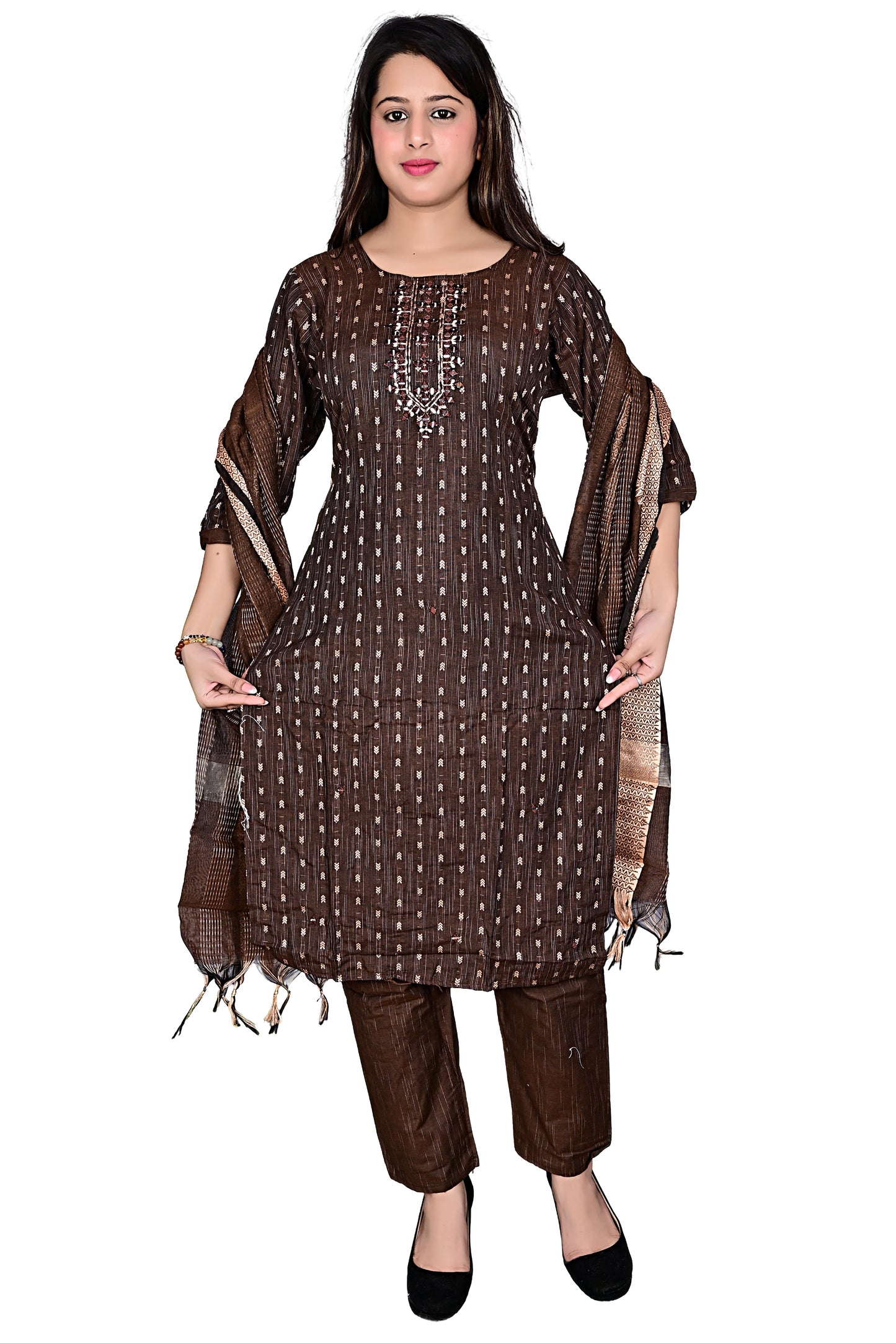Cotton mirror work 3Pc Kurta Pant suit with Dupatta