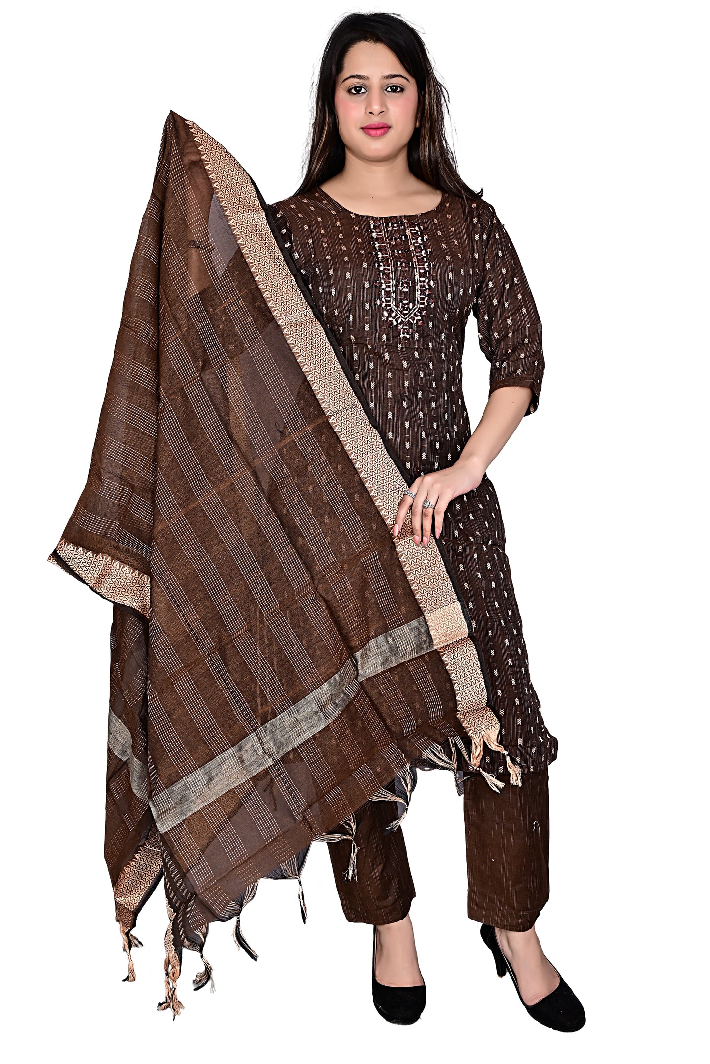 Cotton mirror work 3Pc Kurta Pant suit with Dupatta