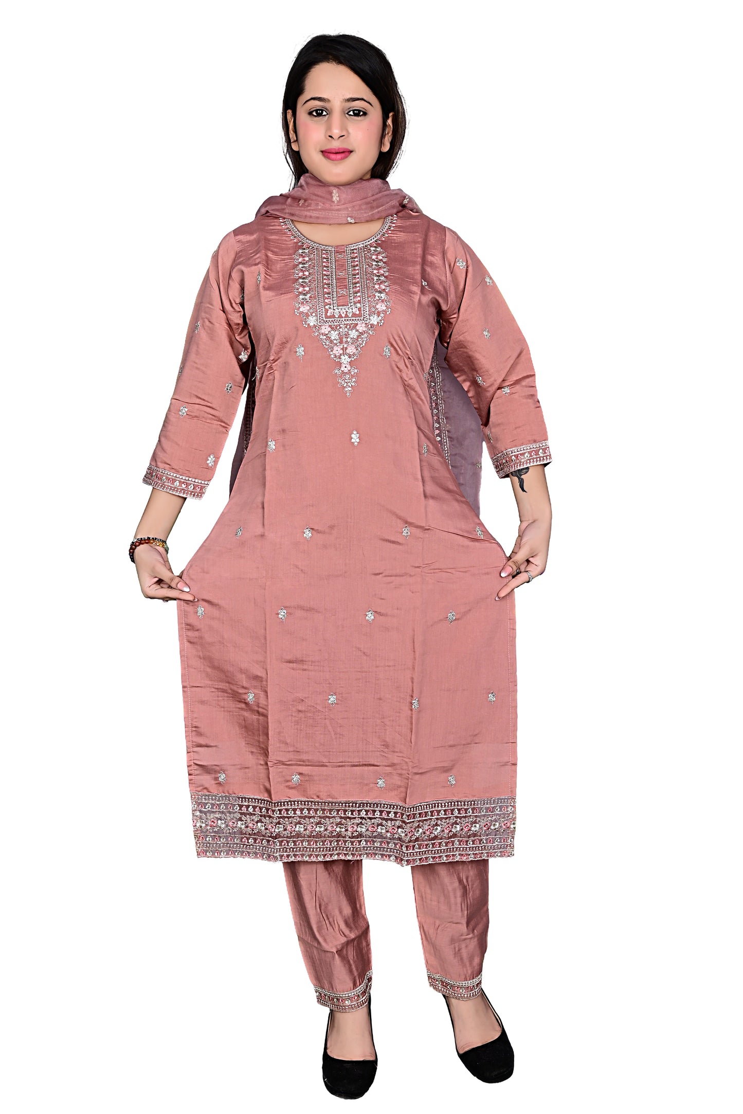 Peach Pink Silk Kurta with Hem, Pant set with Dupatta