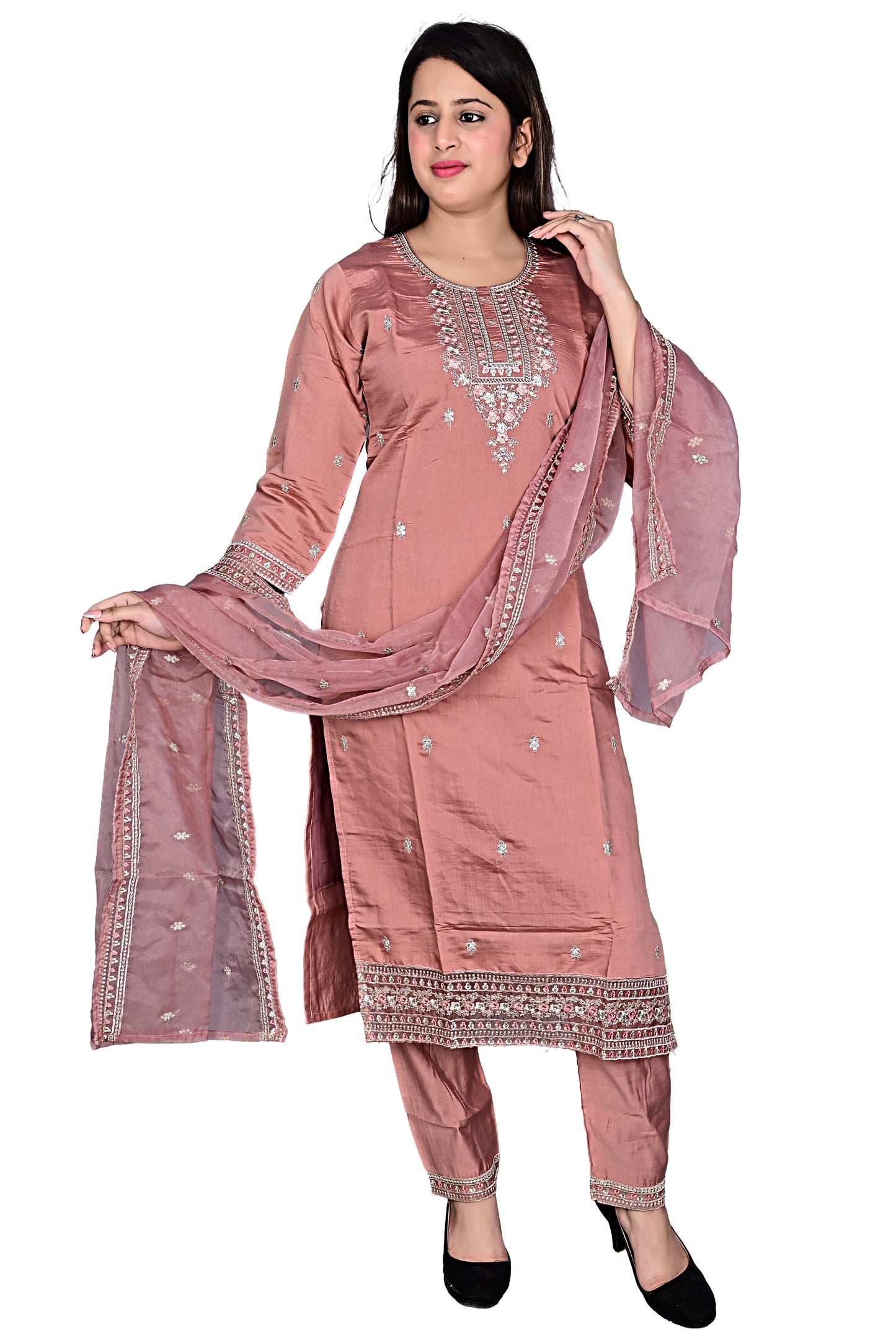 Peach Pink Silk Kurta with Hem, Pant set with Dupatta
