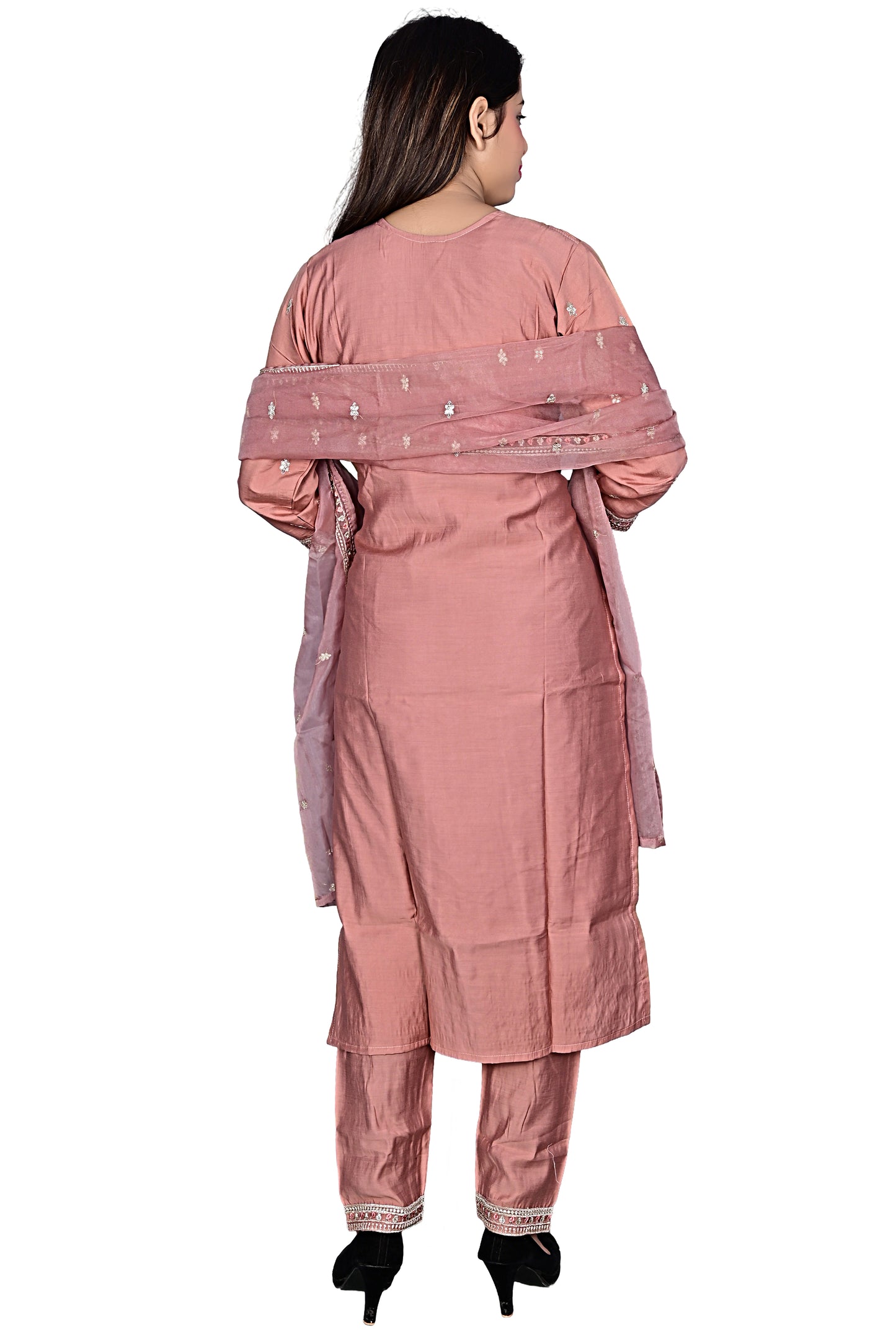 Peach Pink Silk Kurta with Hem, Pant set with Dupatta