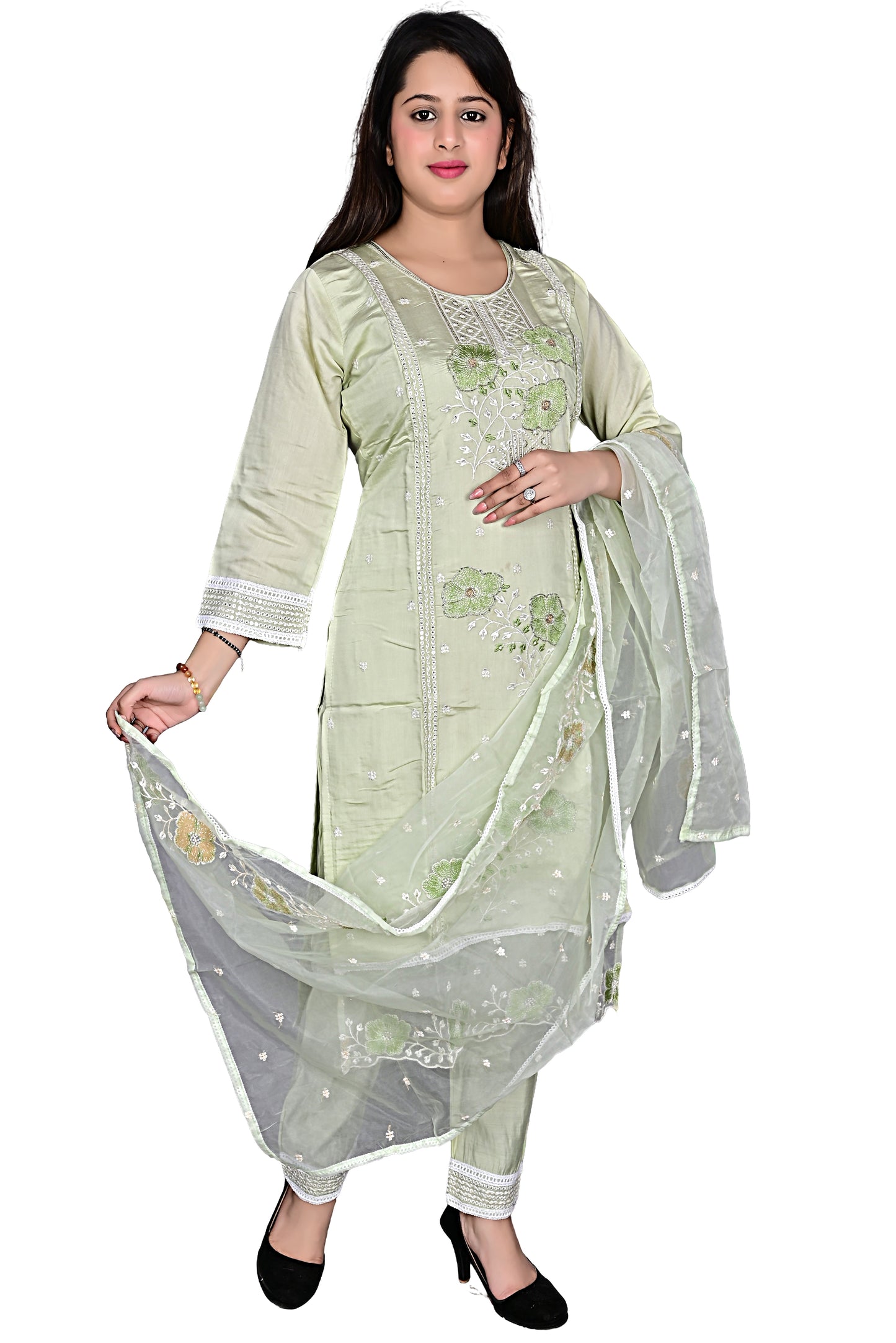 Pista Green Silk Pakistani work Kurta Pant set with Dupatta