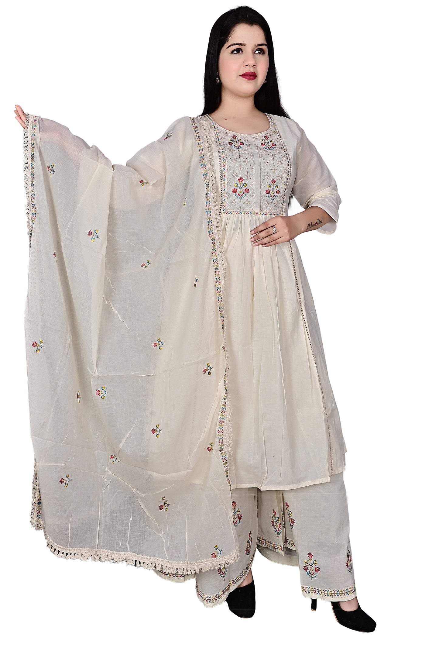 Premium Pure Kora Cotton Ladies 3pc Kurta Palazzo suit with Dupatta