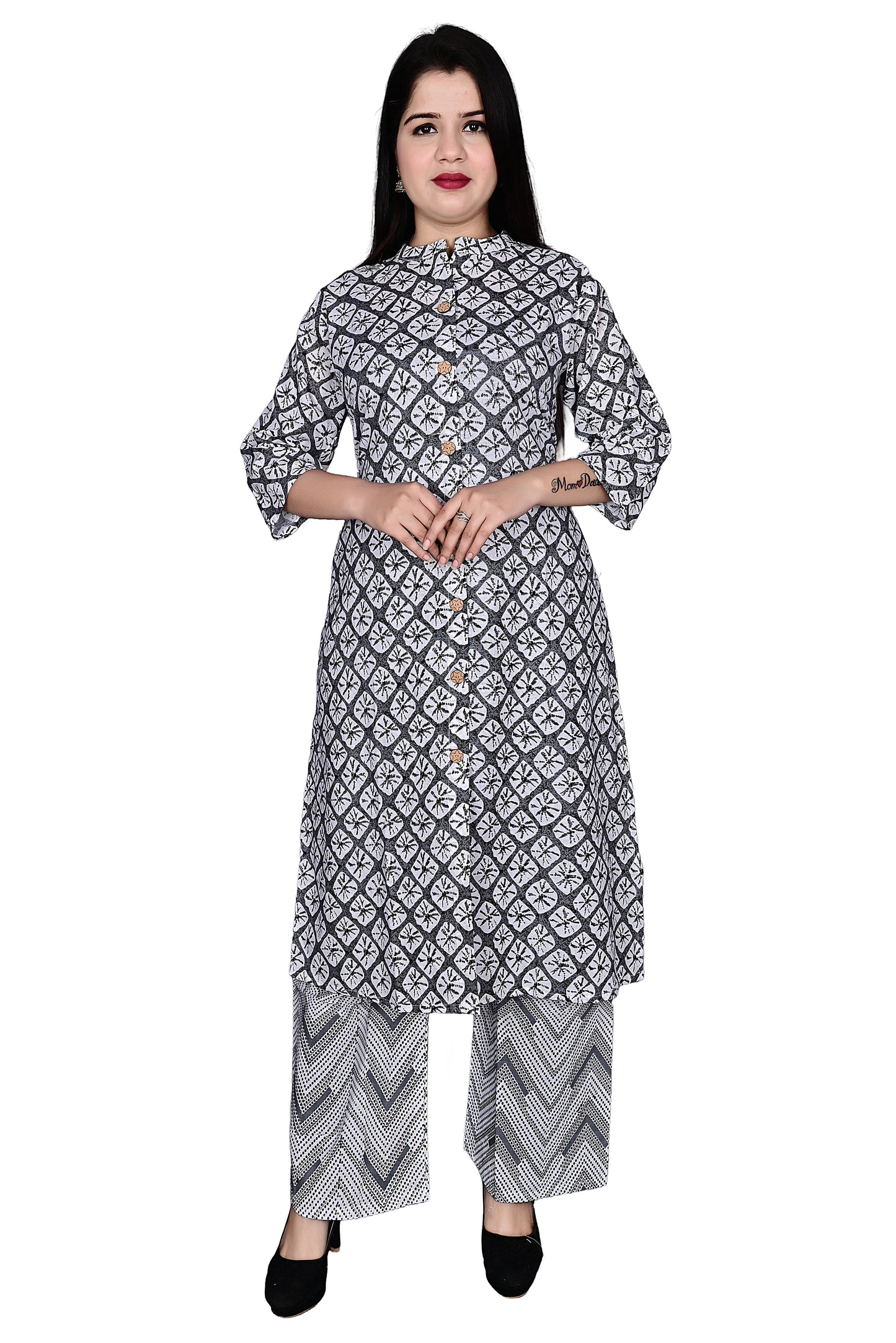 Grey and White Cotton 2Pc Kurta Palazzo set