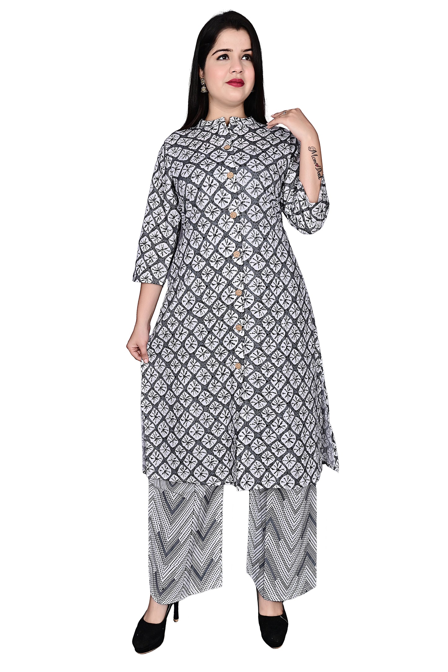 Grey and White Cotton 2Pc Kurta Palazzo set