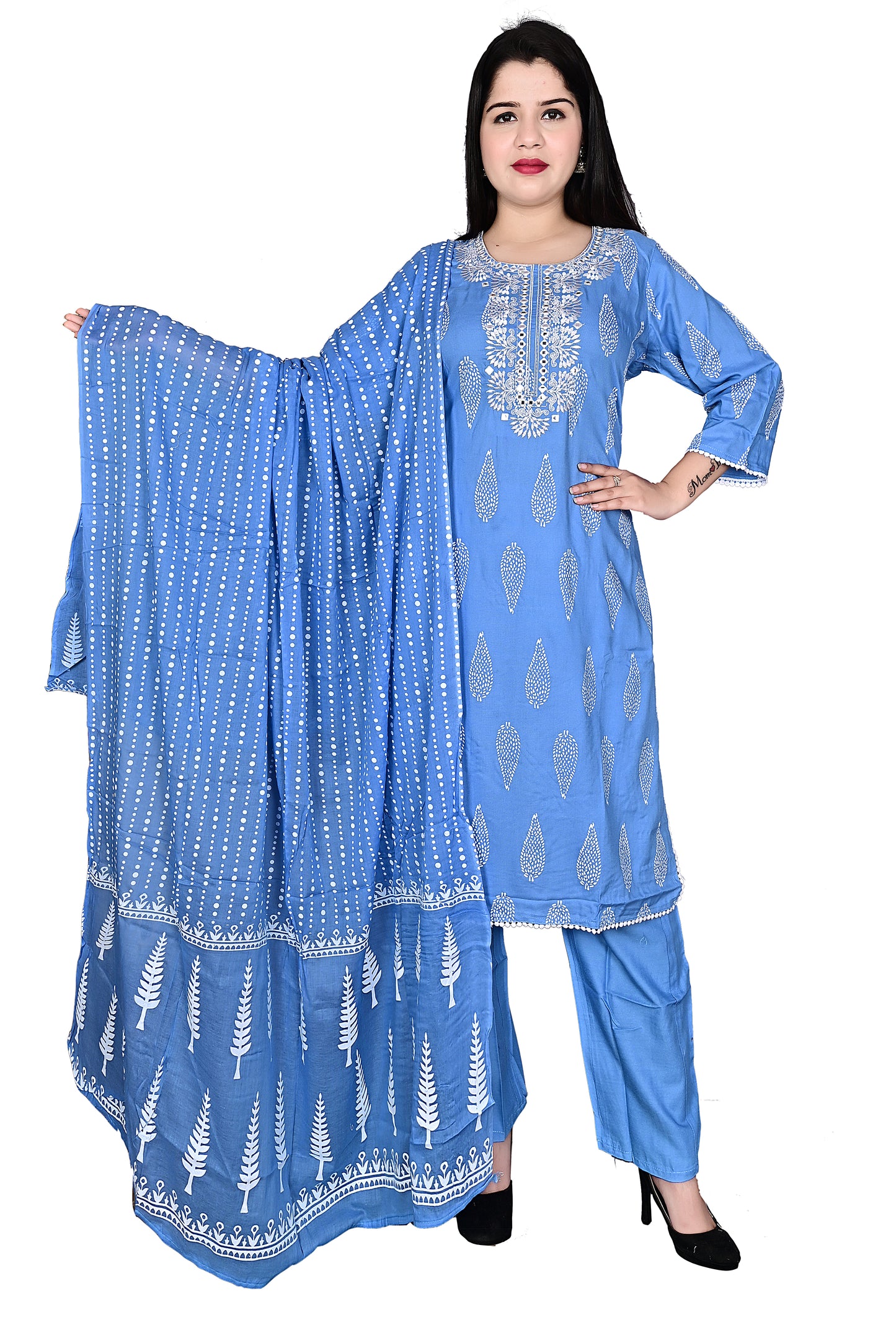 Blue Rayon Kurta Pant with Dupatta Set