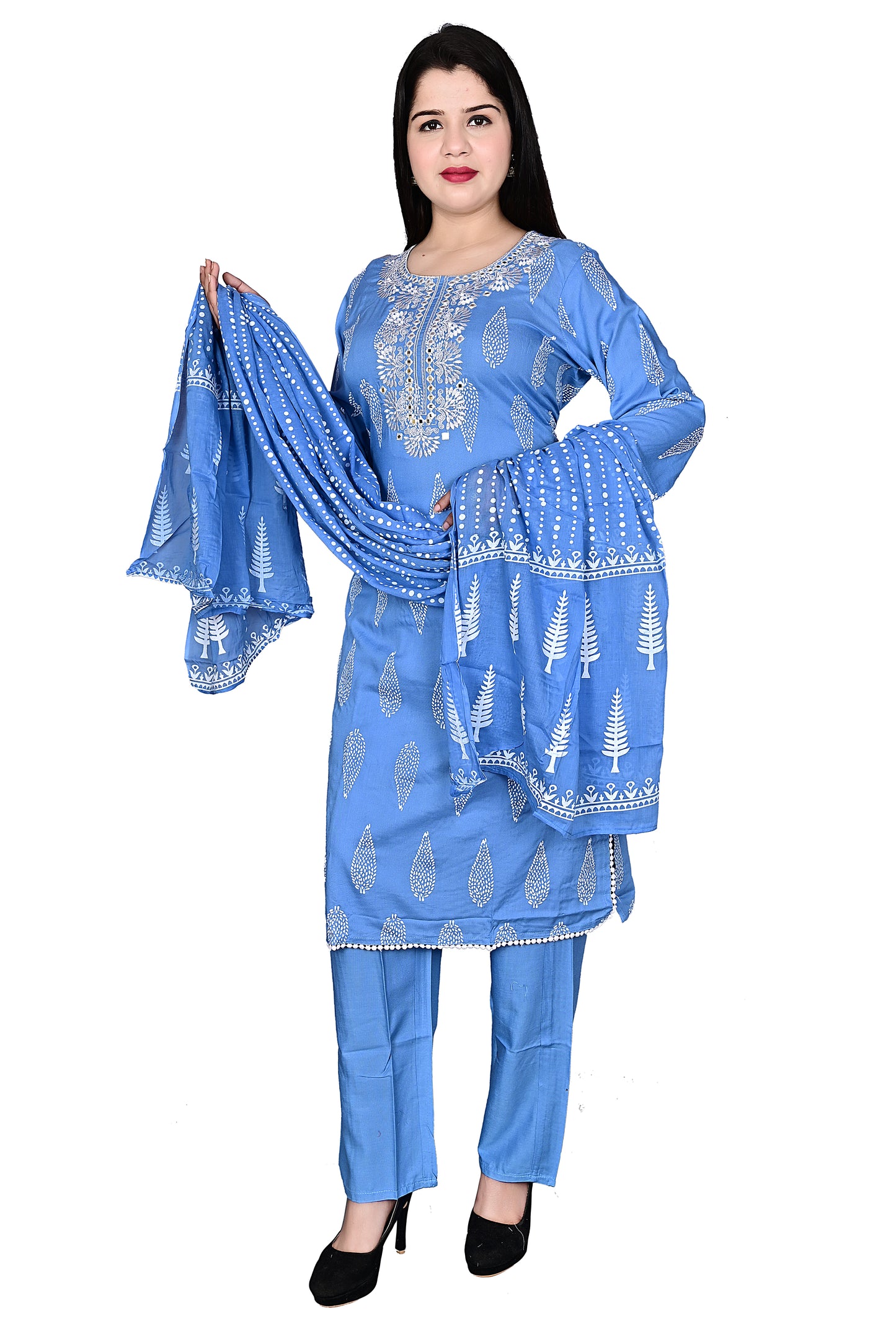 Blue Rayon Kurta Pant with Dupatta Set
