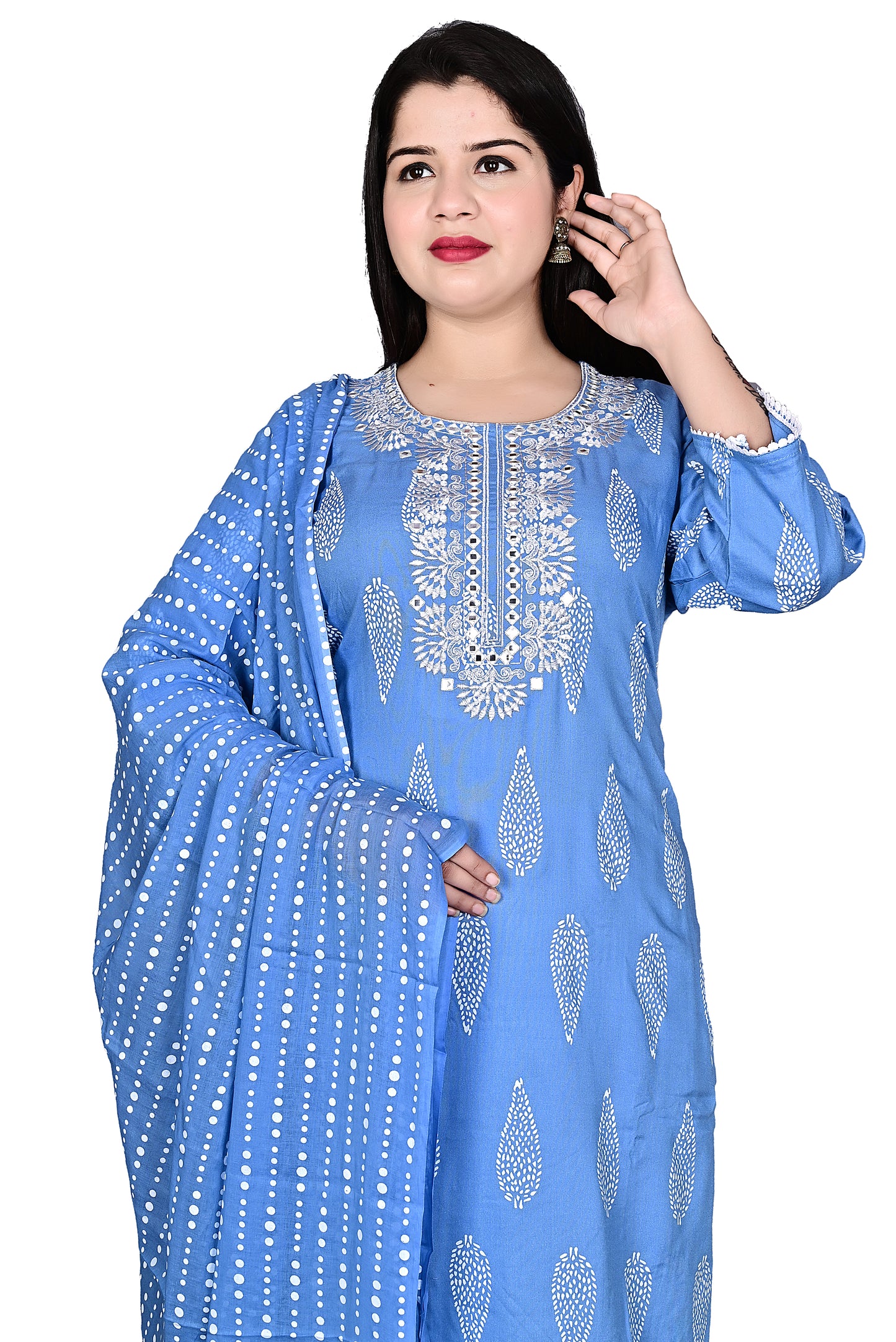 Blue Rayon Kurta Pant with Dupatta Set