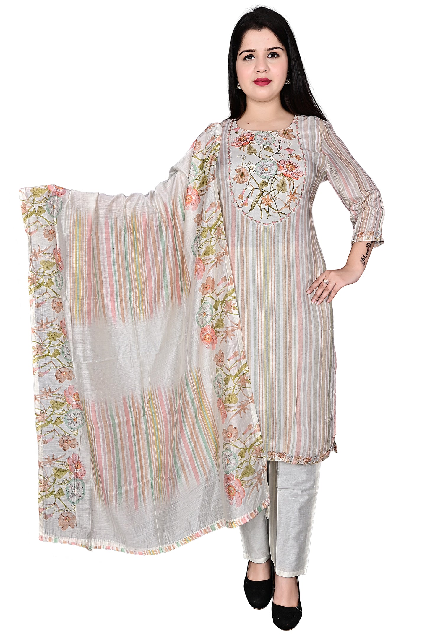 Multicolor Silk blend Kurta Pant 3Pc set with Dupatta