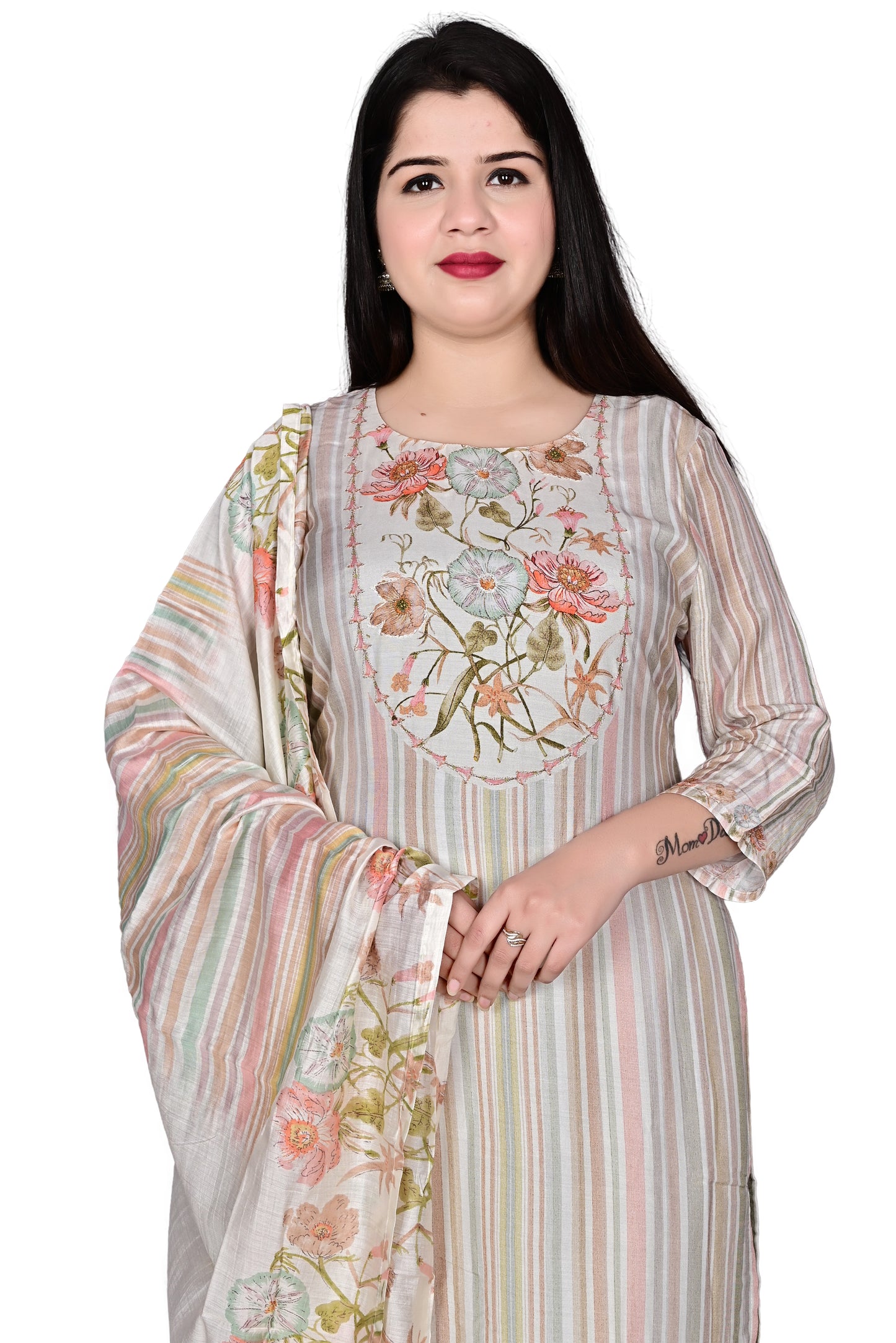 Multicolor Silk blend Kurta Pant 3Pc set with Dupatta