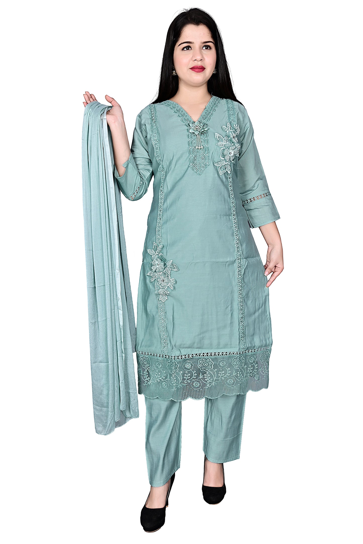 Pestle Green Silk Pakistani Kurta Pant set with Dupatta