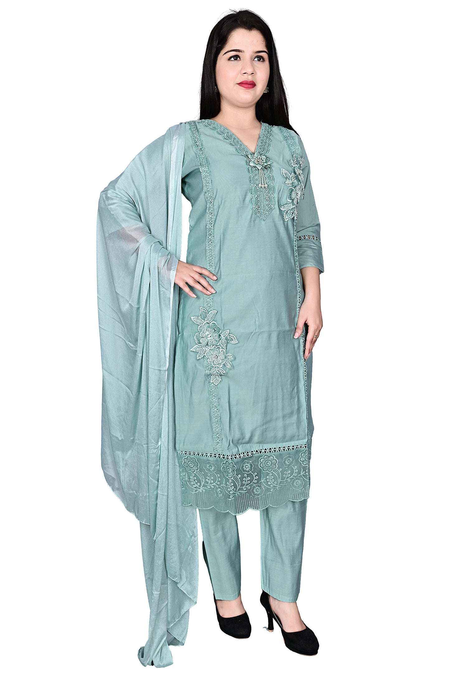 Pestle Green Silk Pakistani Kurta Pant set with Dupatta