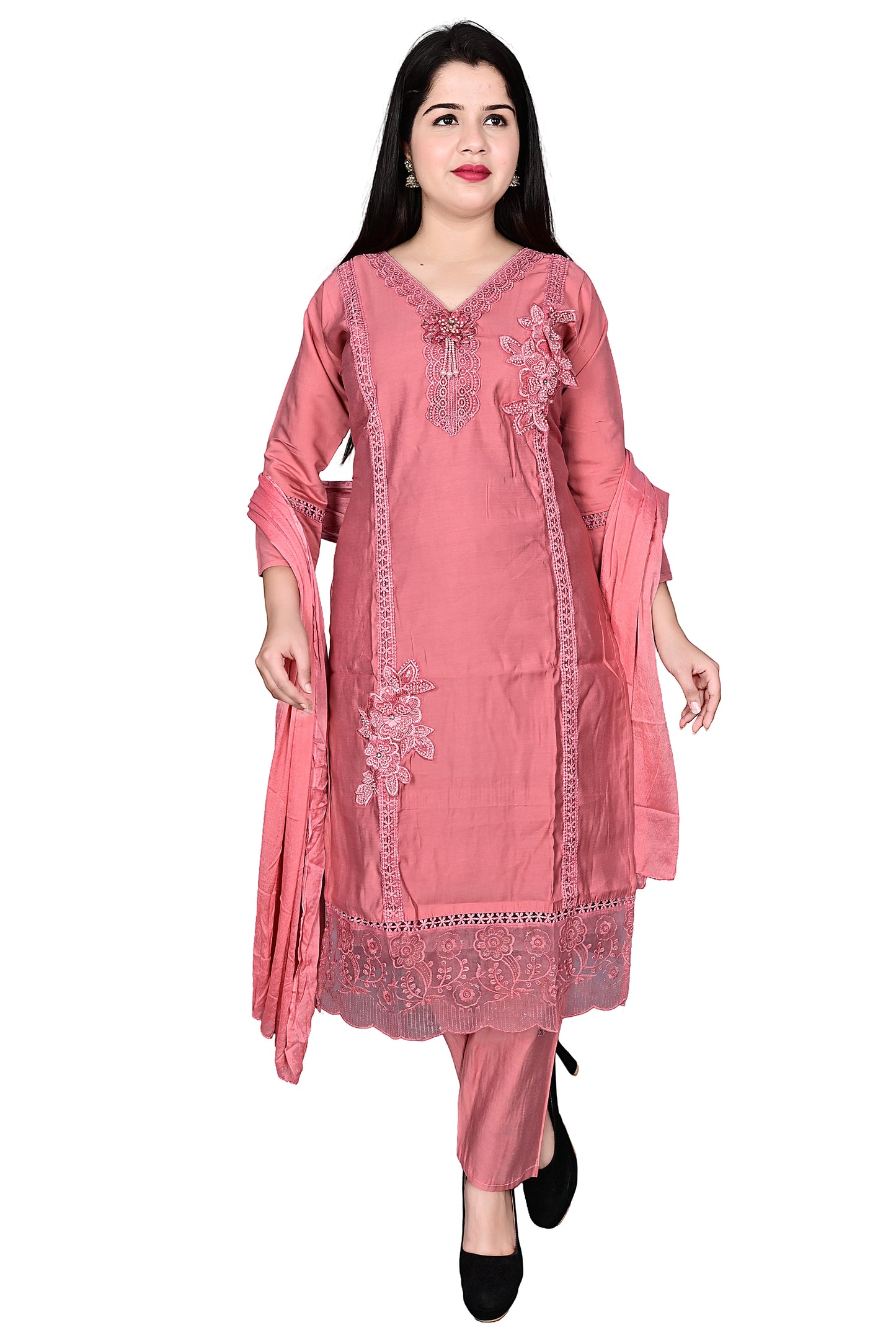 Peach Pink Silk Pakistani Kurta Pant set with Dupatta
