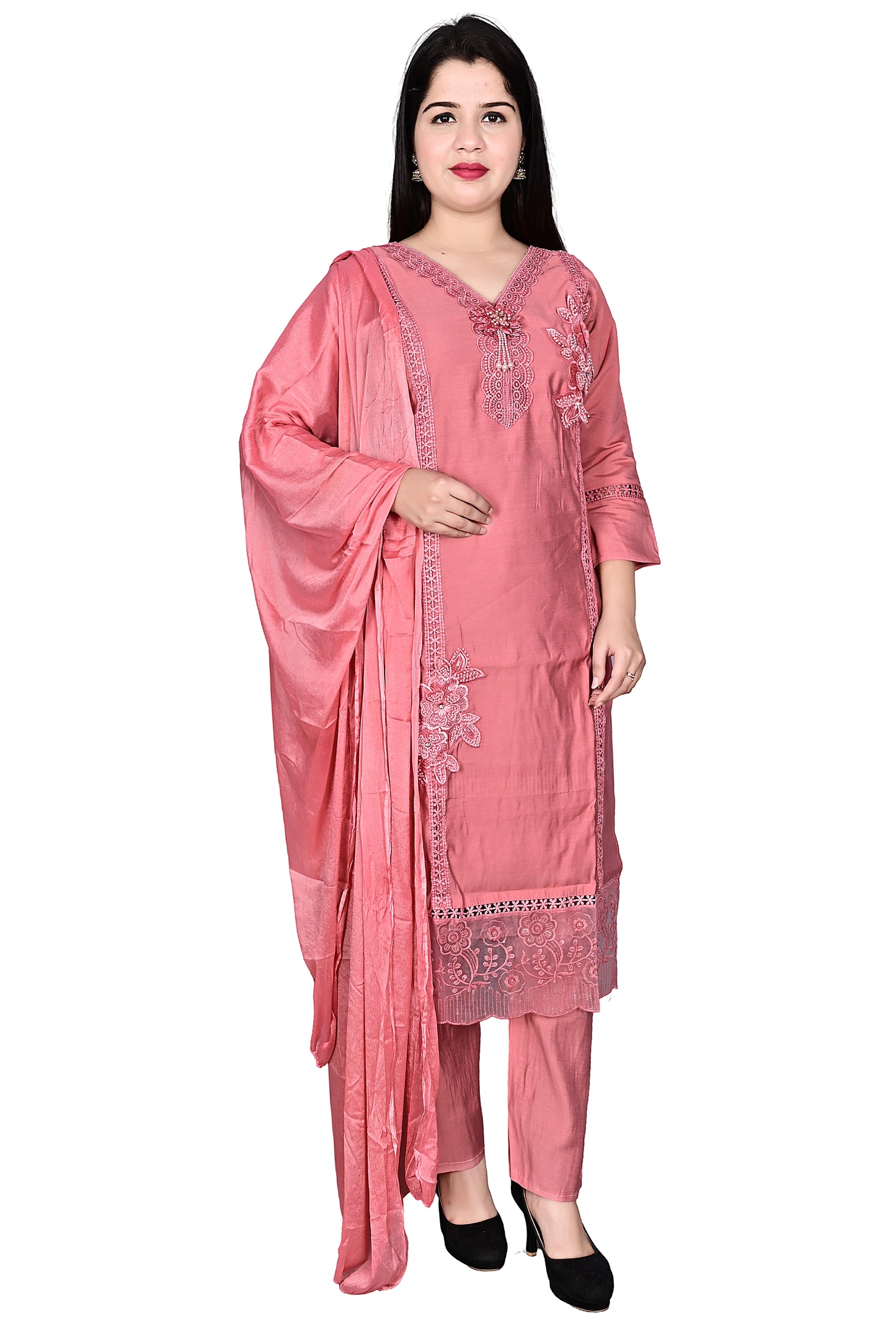 Peach Pink Silk Pakistani Kurta Pant set with Dupatta