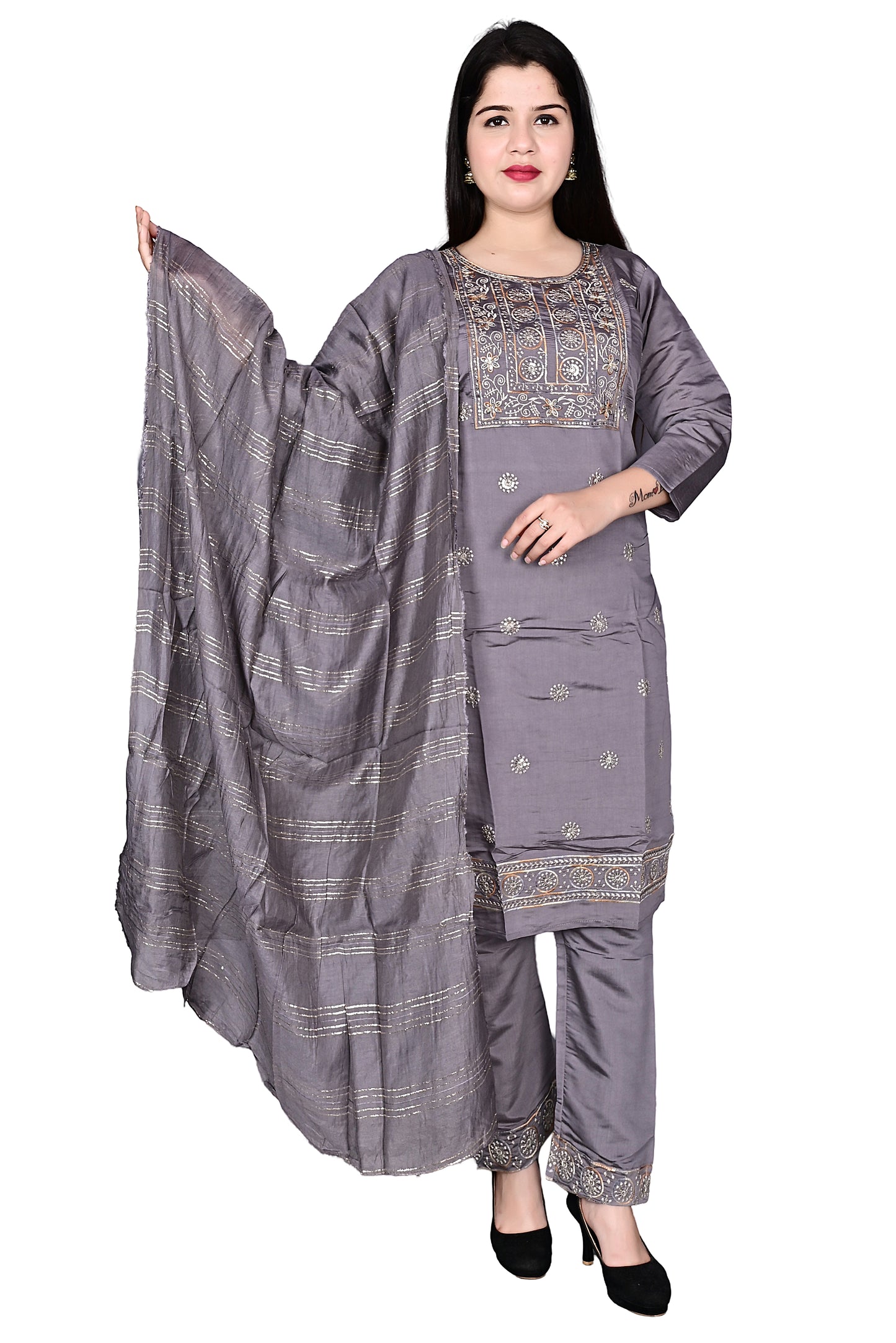 Grey Silk Kurta Pant set with Dupatta