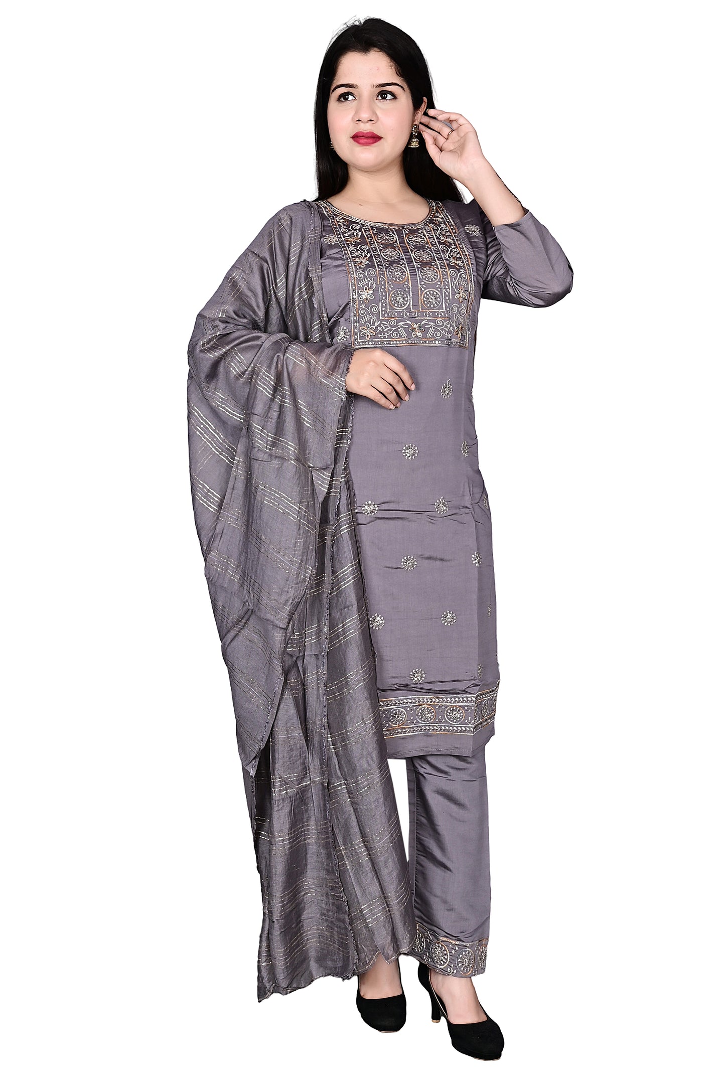 Grey Silk Kurta Pant set with Dupatta