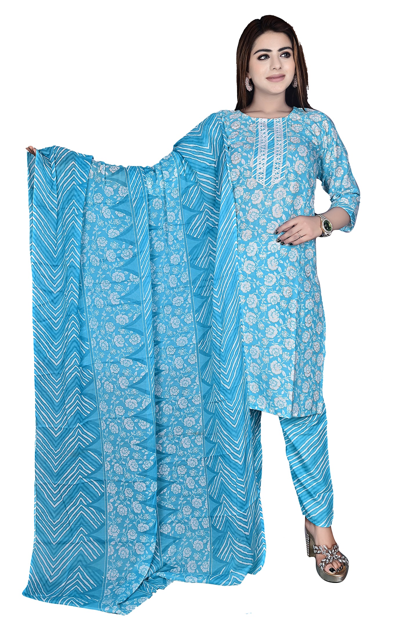 Turquoise Blue Layline Cotton Foil print 3Pc Kurta Pant suit with Dupatta