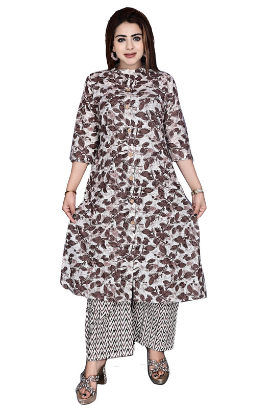 Brown and White Cotton 2Pc Kurta Palazzo set