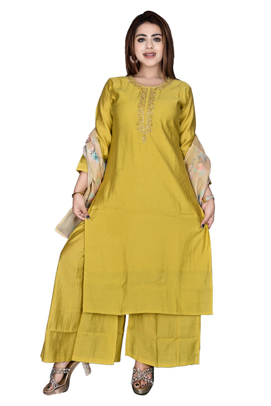 Yellow Silk  3Pc Kurta, Palazzo with Dupatta Set